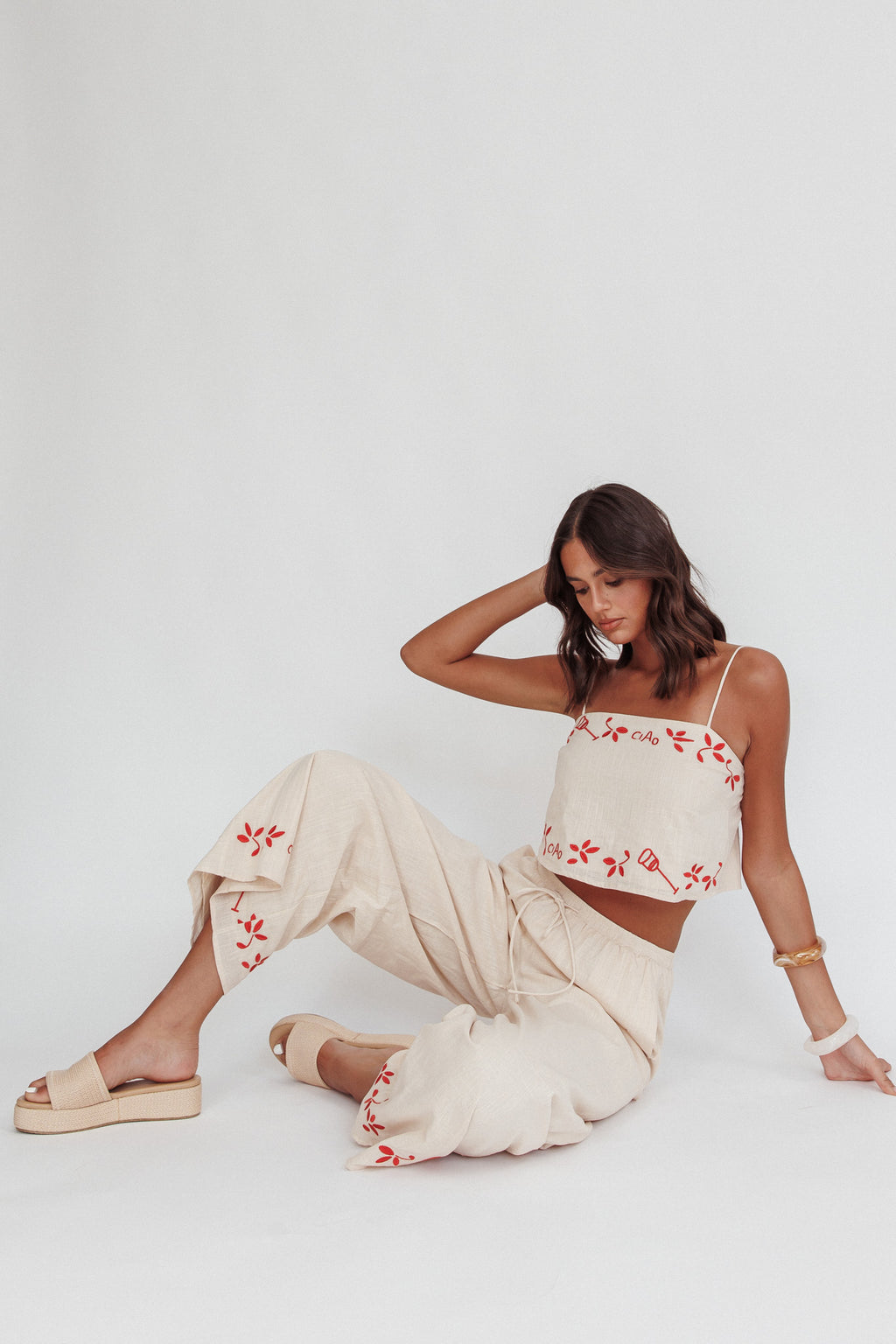 Sorrento Summer Embroidered Wide-Leg Pants Oat by Selfie Leslie Australia