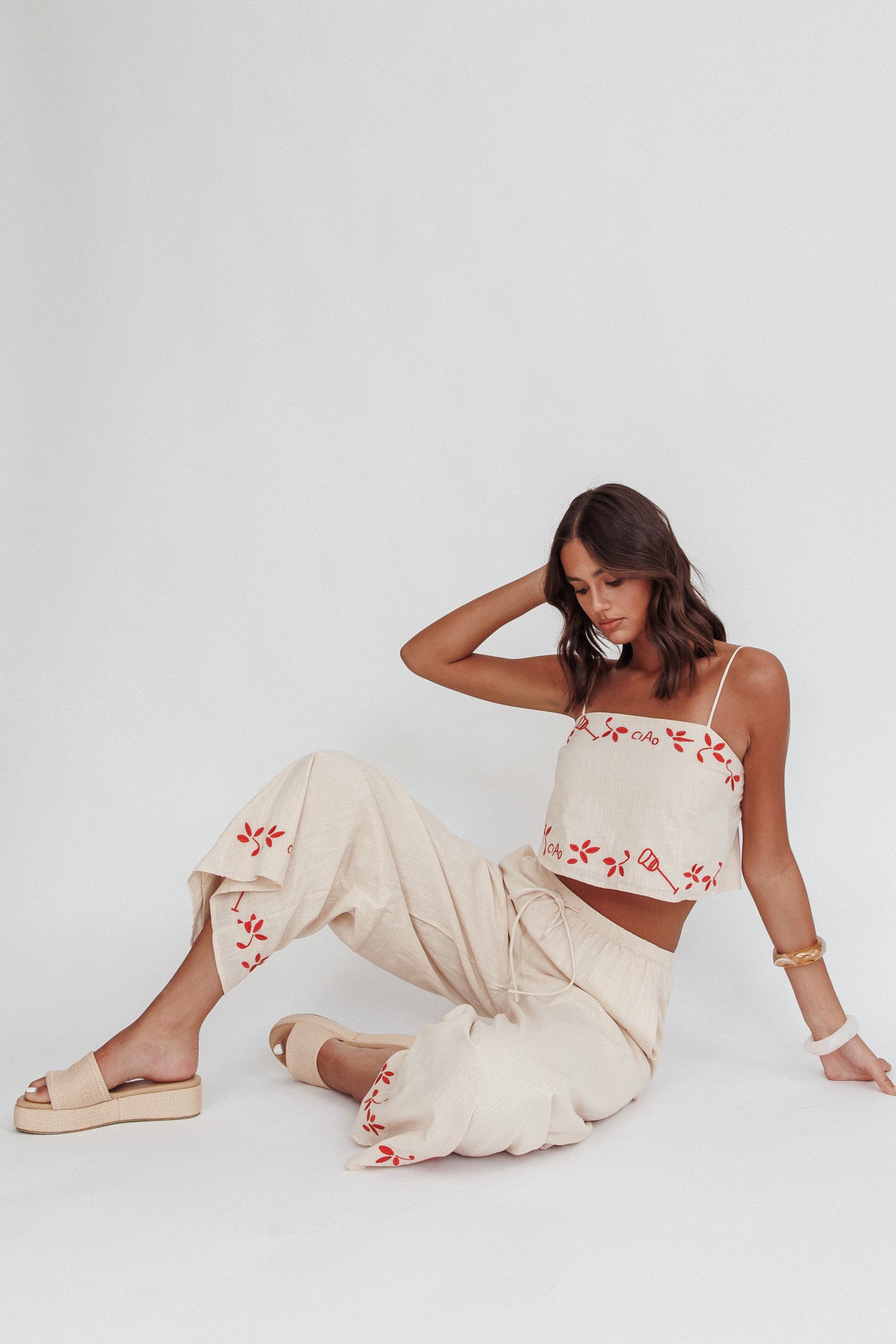 Sorrento Summer Embroidered Wide-Leg Pants Oat by Selfie Leslie Australia