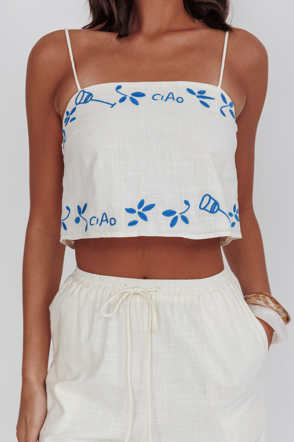 Sorrento Summer Embroidered Crop Top Beige by Selfie Leslie Australia