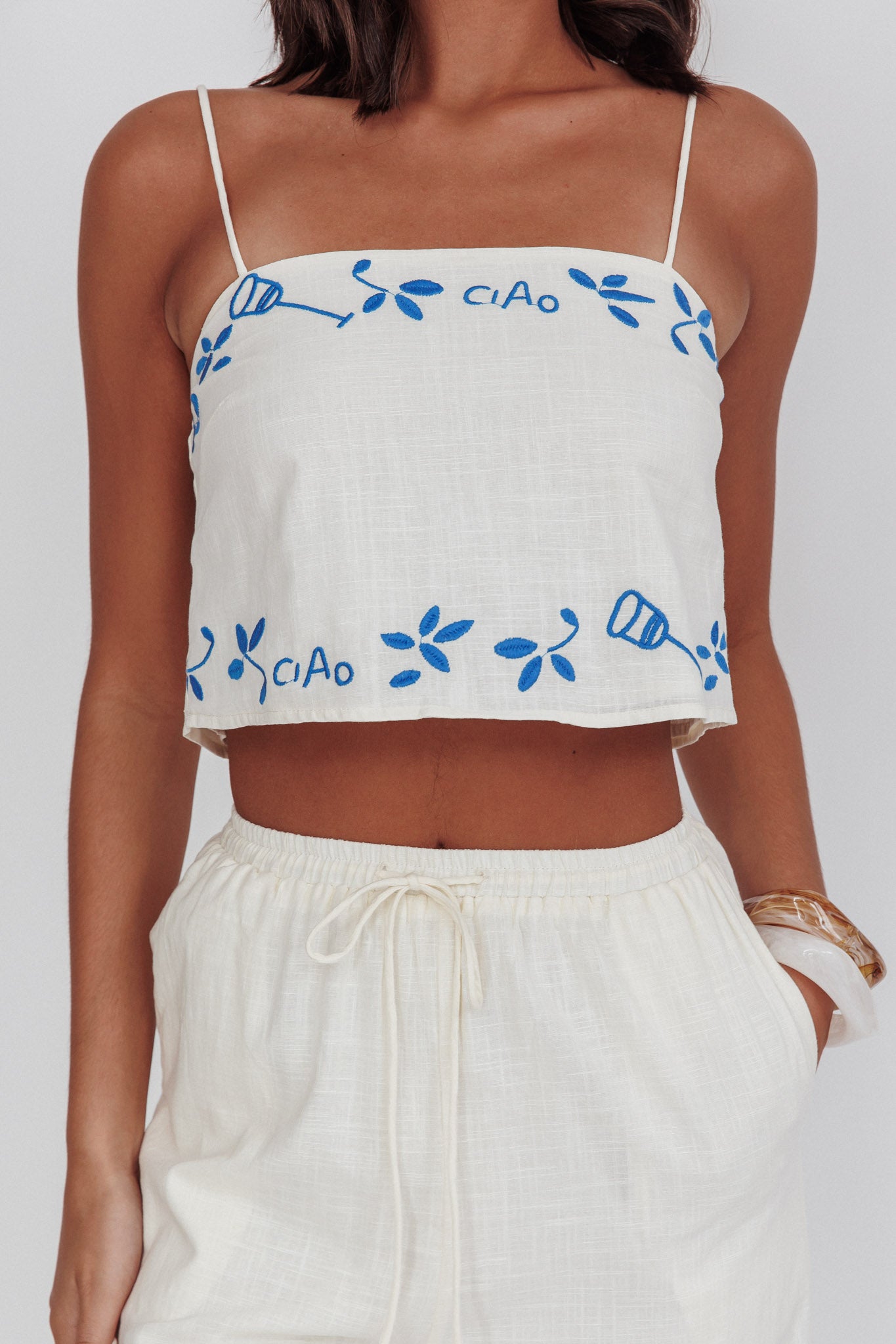 Sorrento Summer Embroidered Crop Top Beige by Selfie Leslie Australia