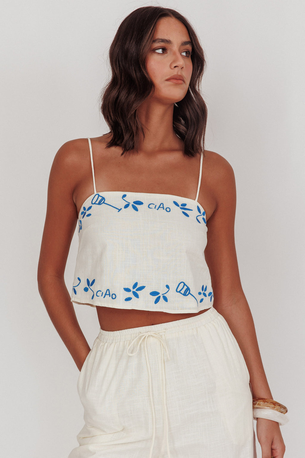 Sorrento Summer Embroidered Crop Top Beige by Selfie Leslie Australia