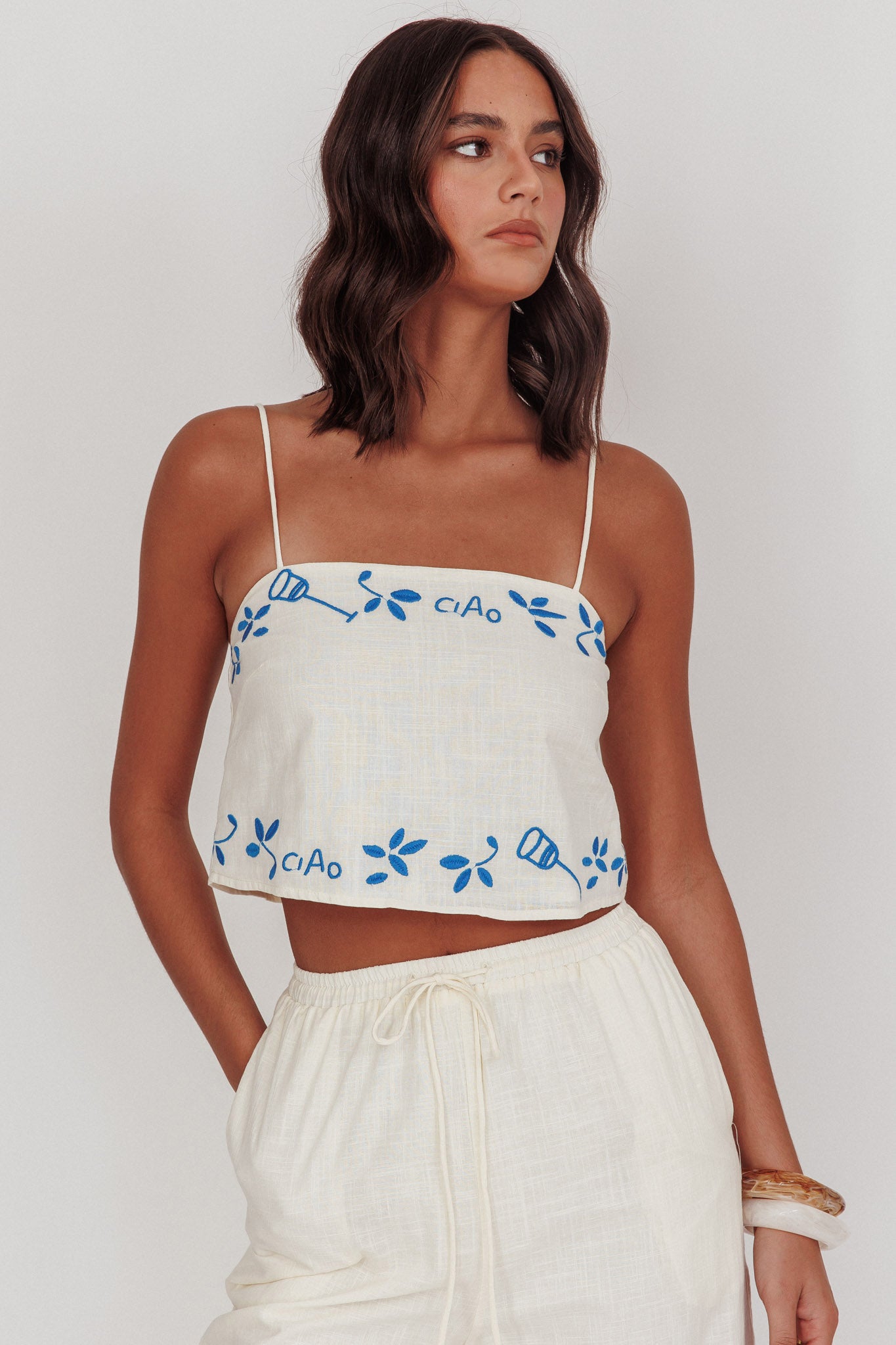 Sorrento Summer Embroidered Crop Top Beige by Selfie Leslie Australia