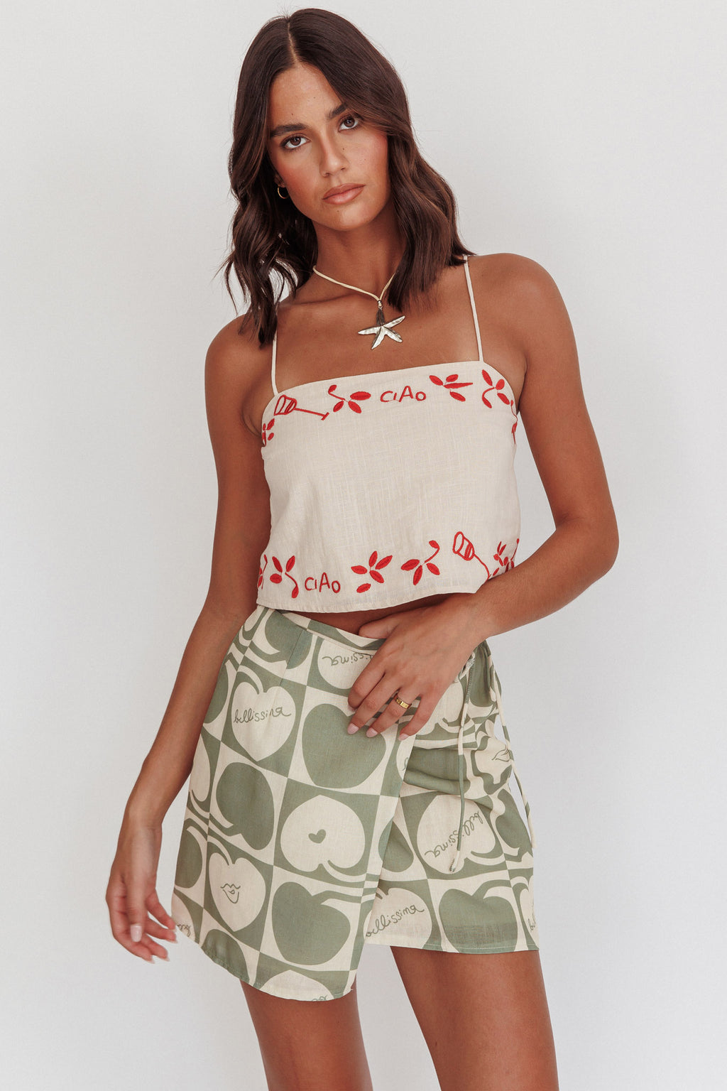 Sorrento Summer Embroidered Crop Top Oat by Selfie Leslie Australia