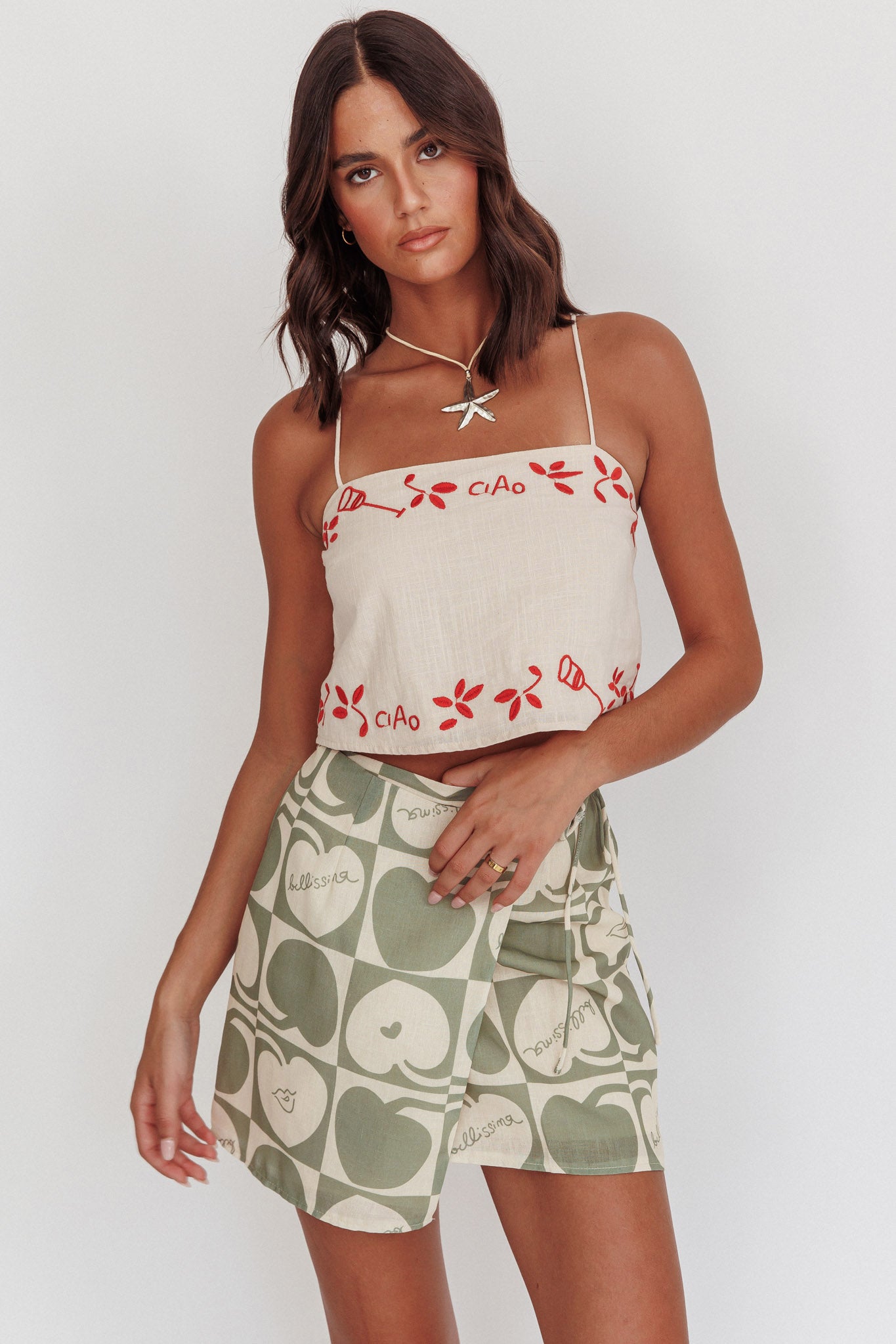 Sorrento Summer Embroidered Crop Top Oat by Selfie Leslie Australia