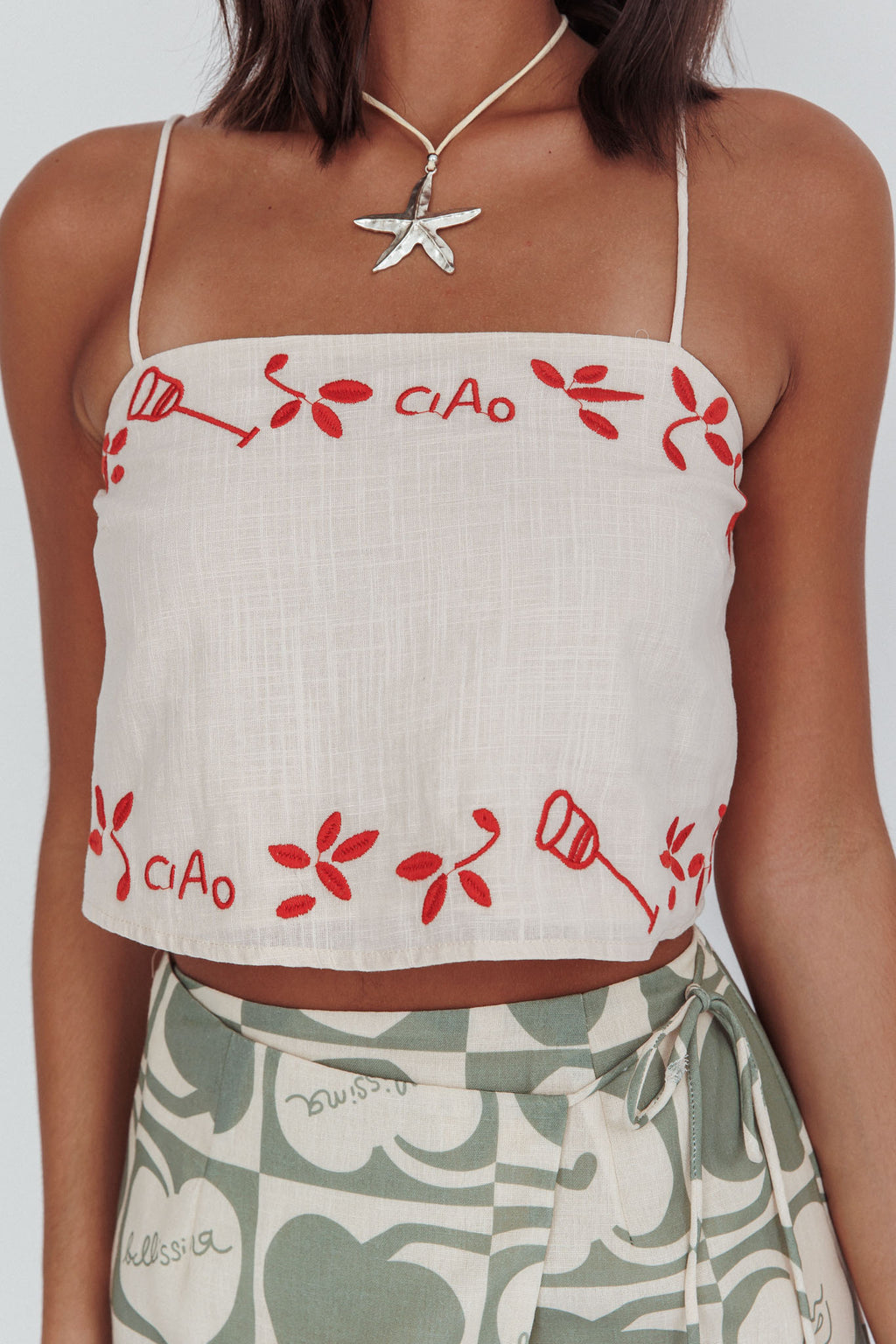 Sorrento Summer Embroidered Crop Top Oat by Selfie Leslie Australia
