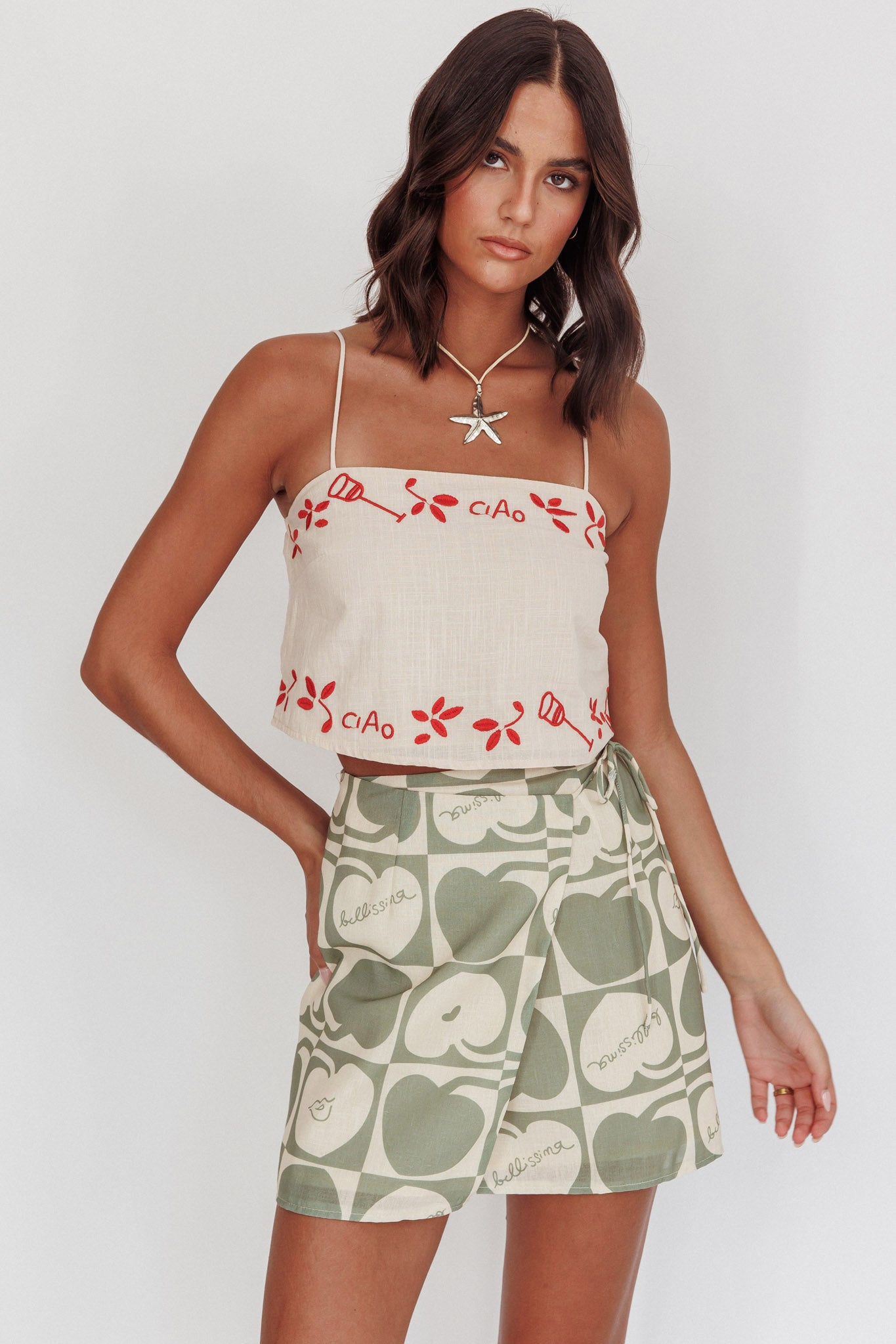 Sorrento Summer Embroidered Crop Top Oat by Selfie Leslie Australia