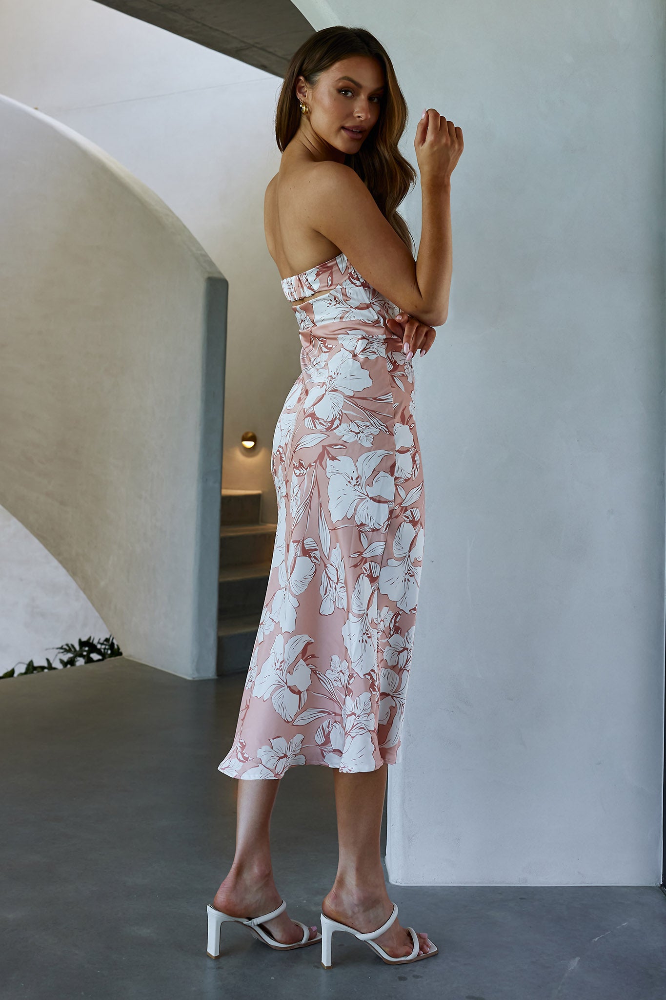 Ladies' Night Cowl Back Midi Dress Floral Peach by Selfie Leslie Australia