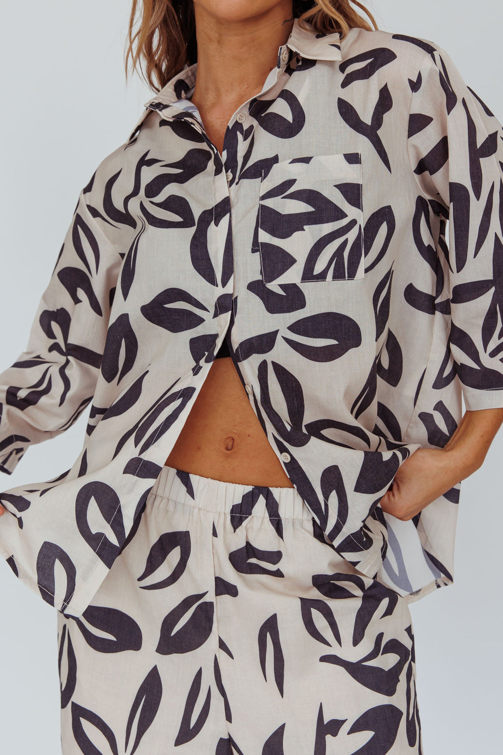 Just A Hunch Button Shirt Leaf Print Beige by Selfie Leslie Australia