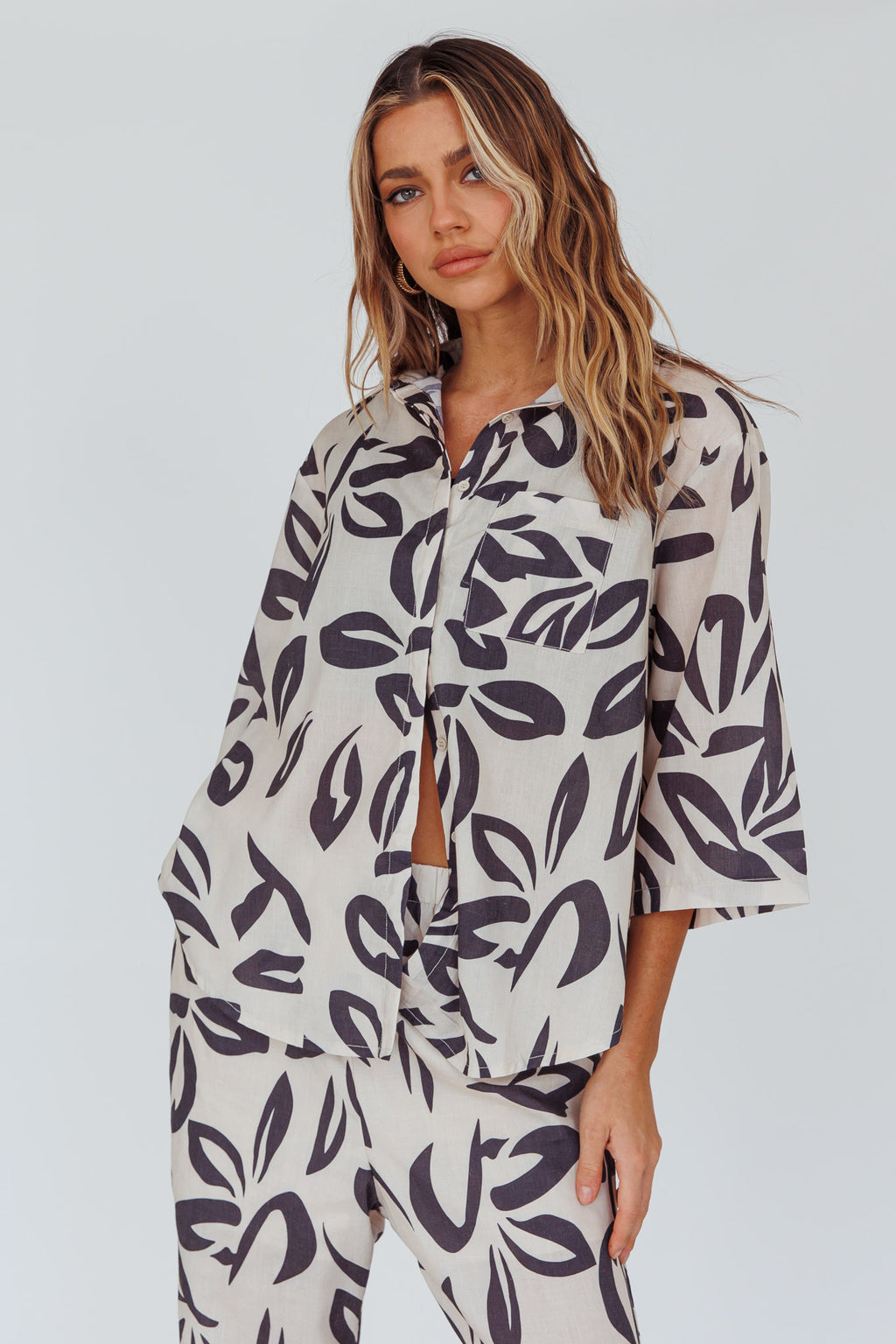 Just A Hunch Button Shirt Leaf Print Beige by Selfie Leslie Australia