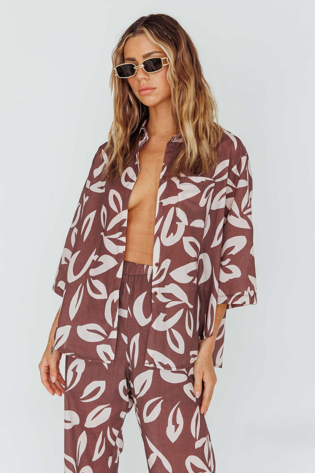 Just A Hunch Button Shirt Leaf Print Chocolate by Selfie Leslie Australia