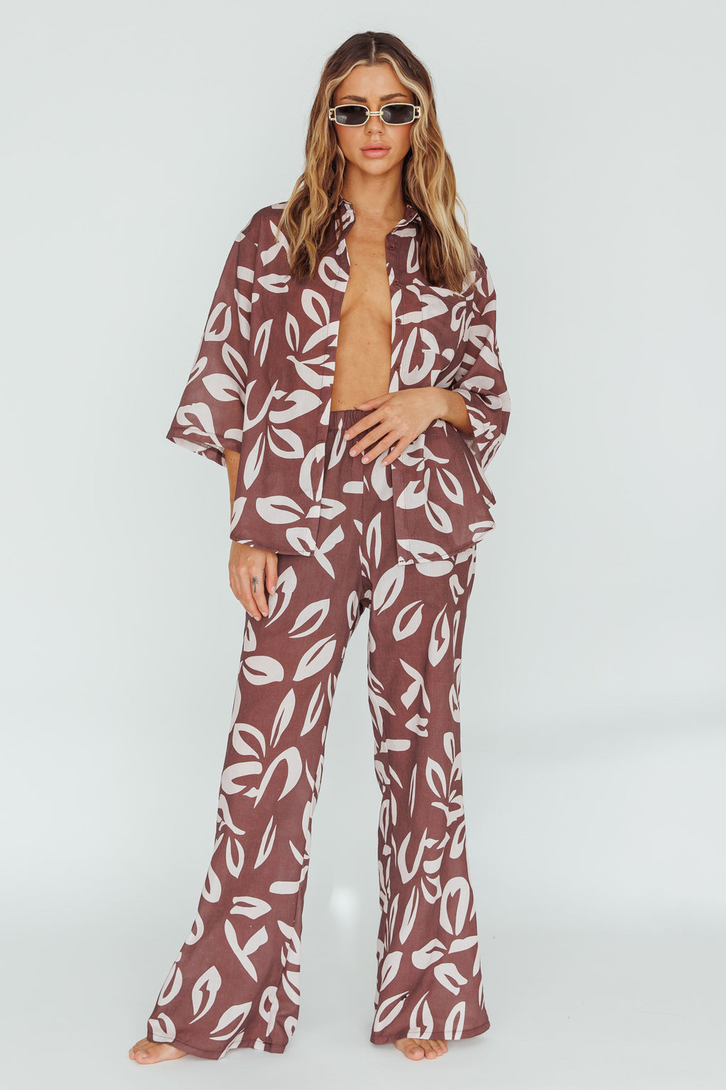 Just A Hunch Button Shirt Leaf Print Chocolate by Selfie Leslie Australia