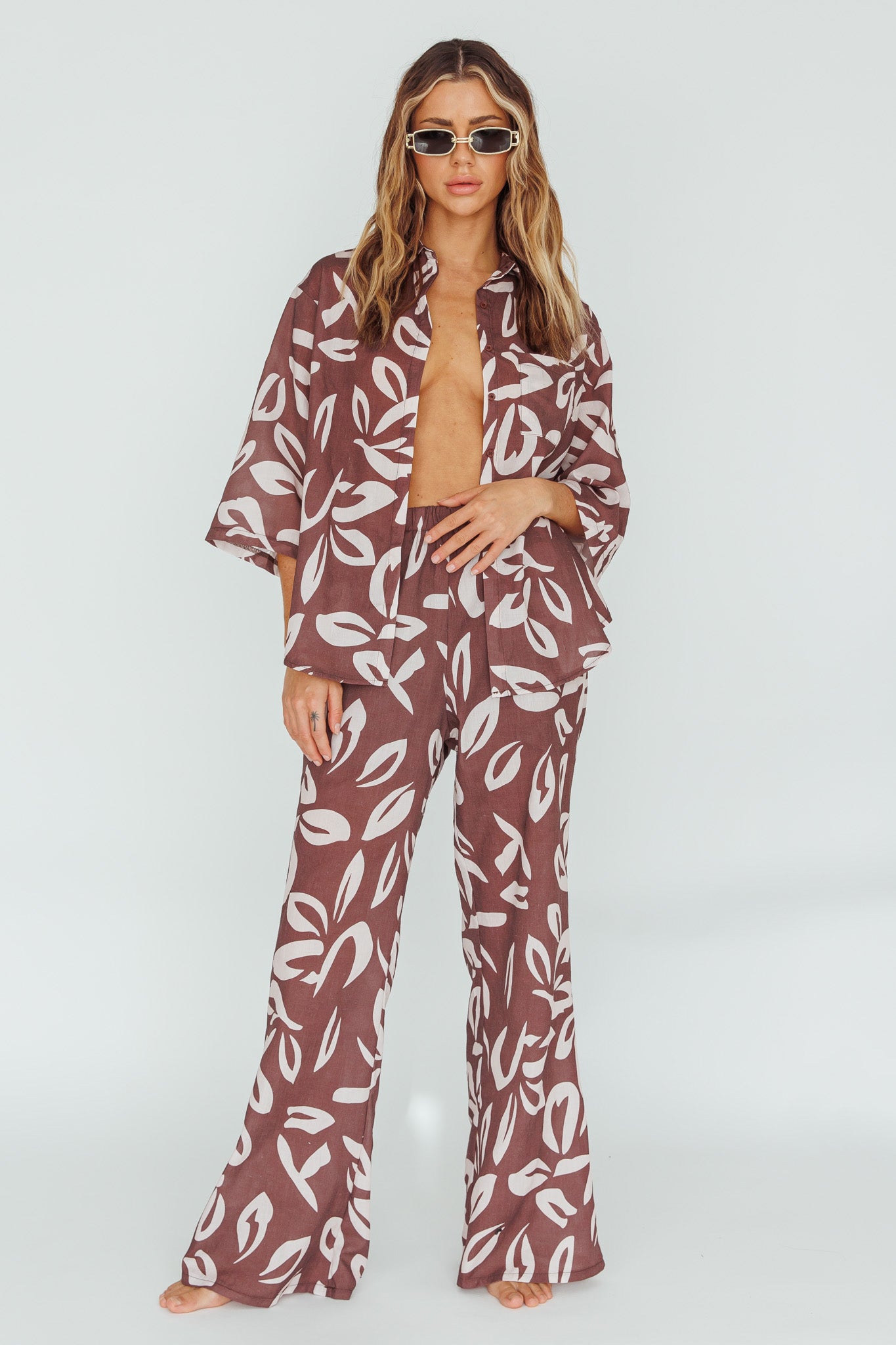 Just A Hunch Button Shirt Leaf Print Chocolate by Selfie Leslie Australia