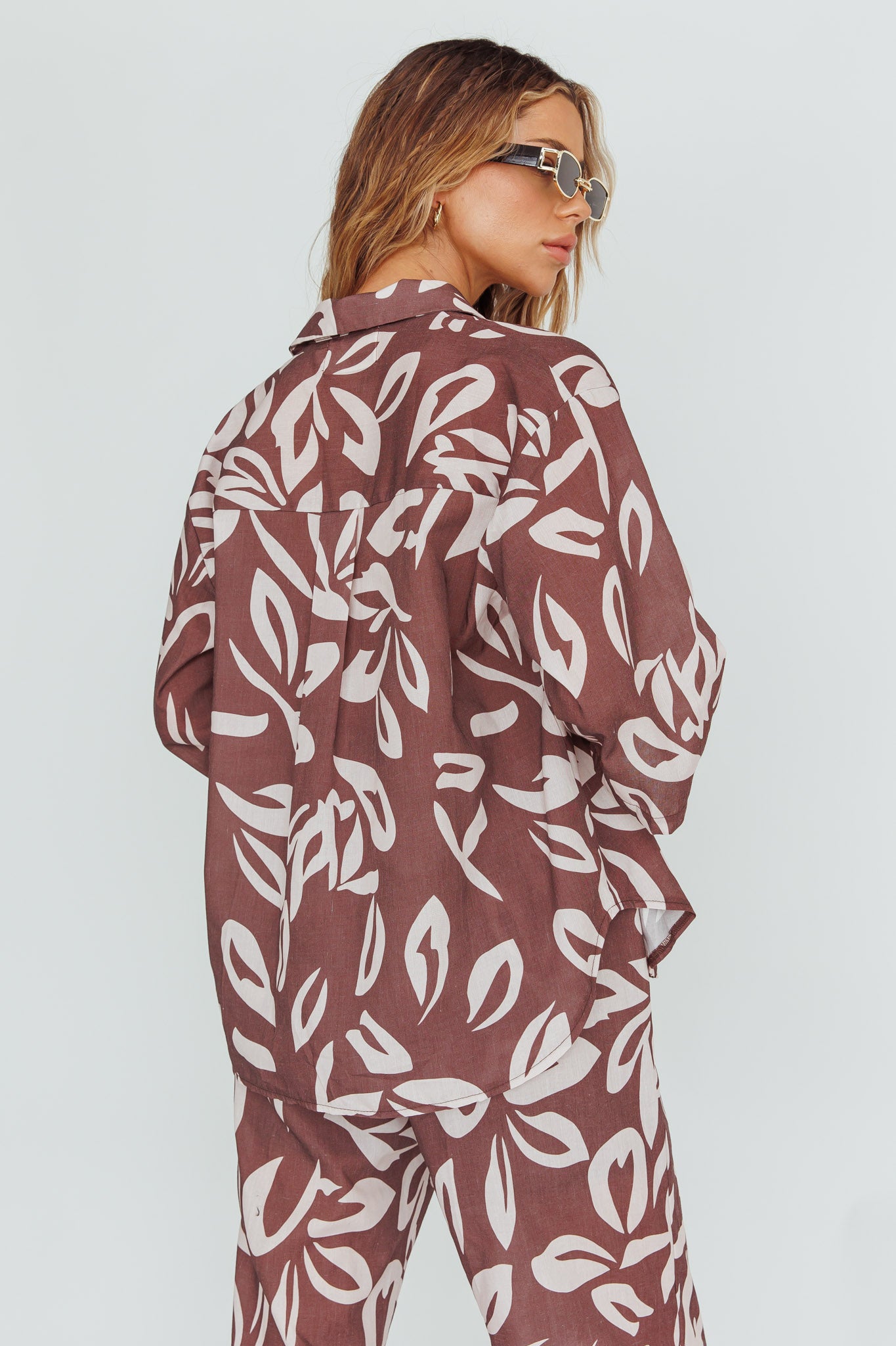 Just A Hunch Button Shirt Leaf Print Chocolate by Selfie Leslie Australia