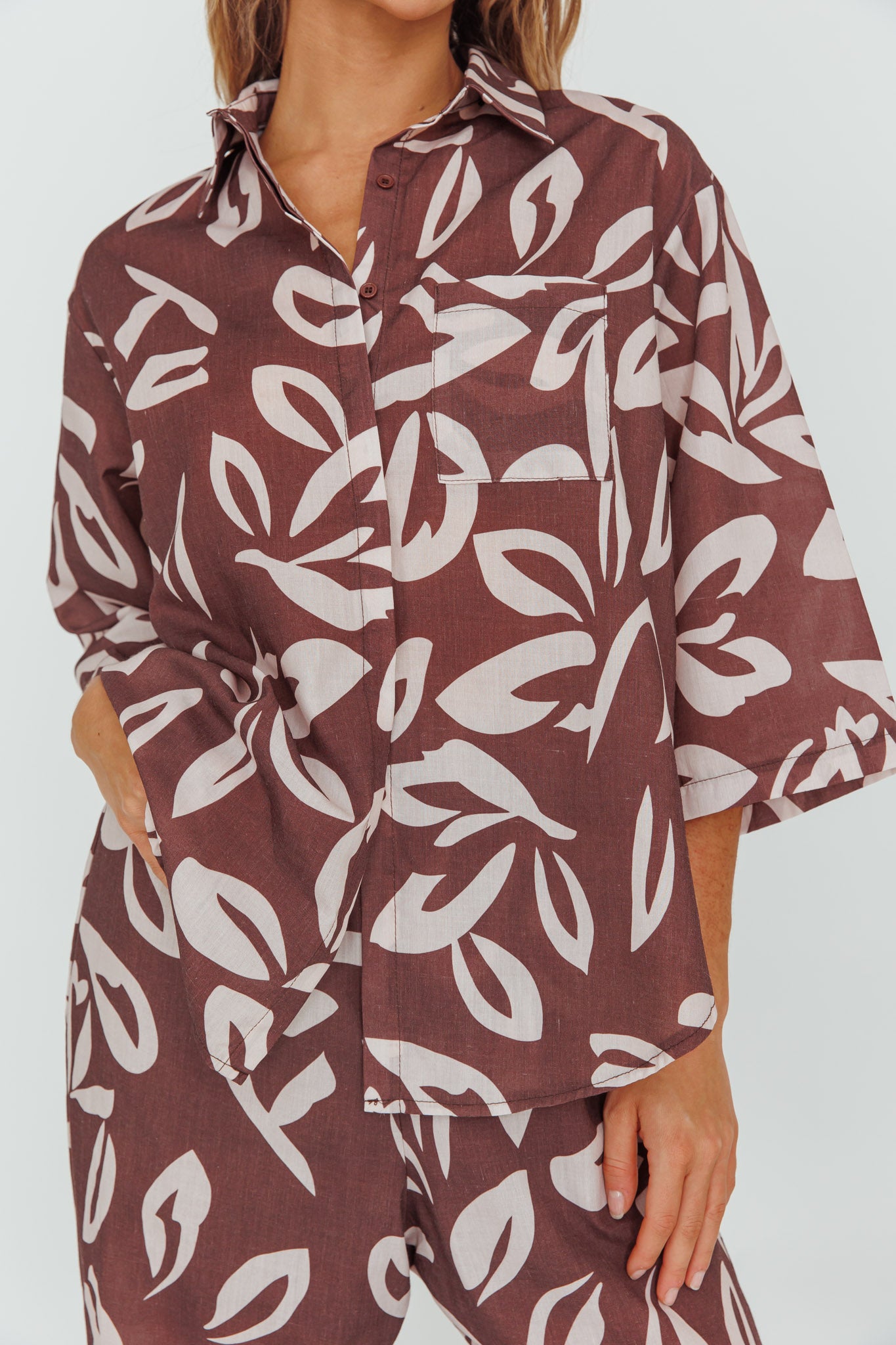 Just A Hunch Button Shirt Leaf Print Chocolate by Selfie Leslie Australia