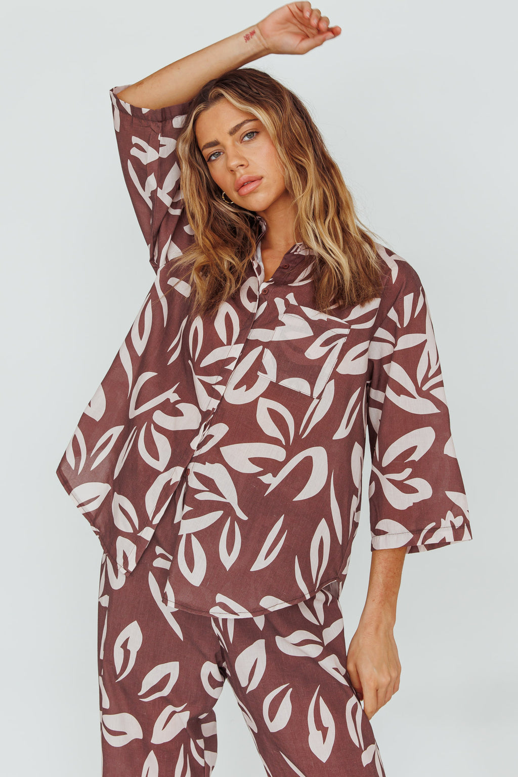 Just A Hunch Button Shirt Leaf Print Chocolate by Selfie Leslie Australia