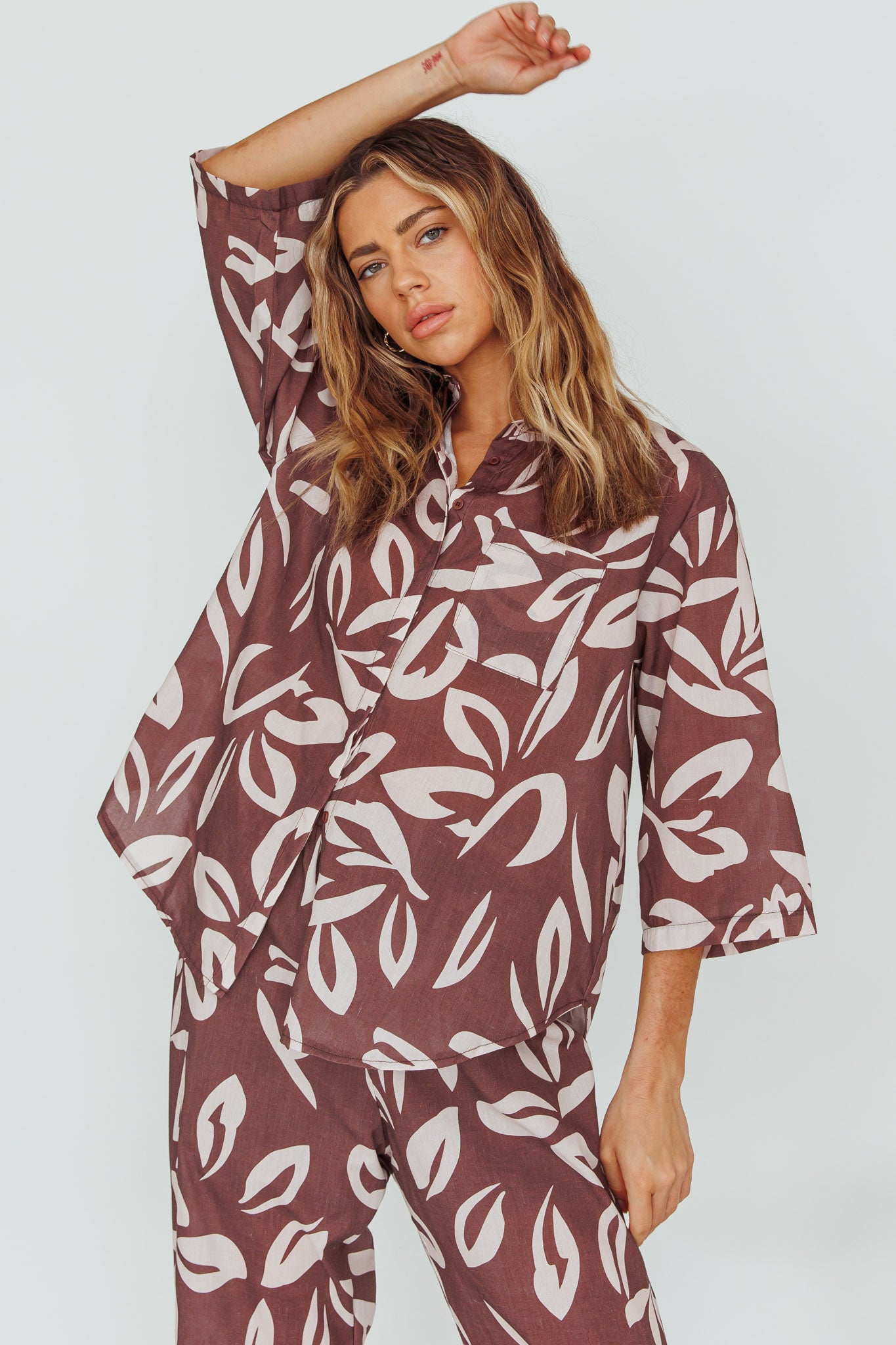 Just A Hunch Button Shirt Leaf Print Chocolate by Selfie Leslie Australia