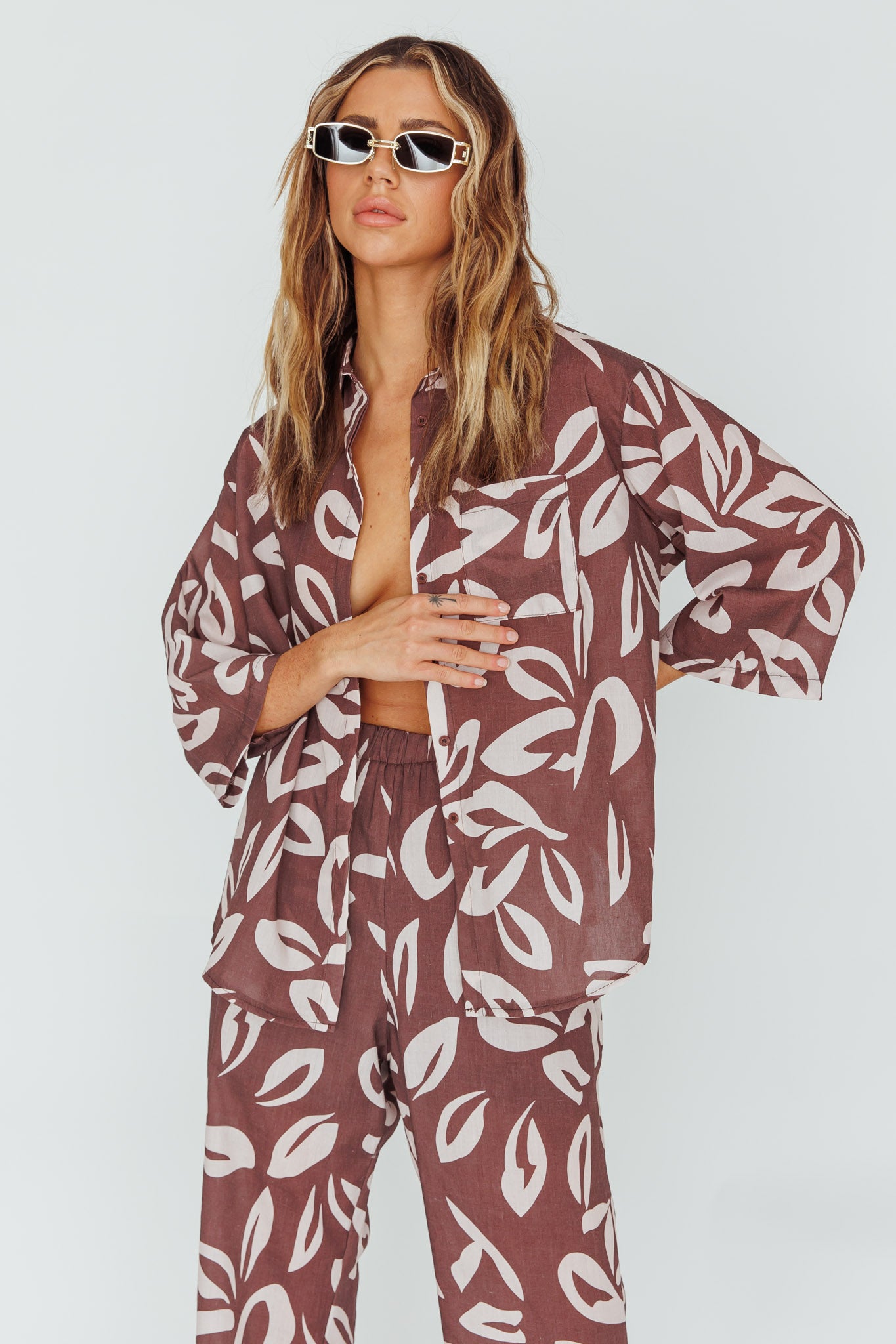 Just A Hunch Button Shirt Leaf Print Chocolate by Selfie Leslie Australia