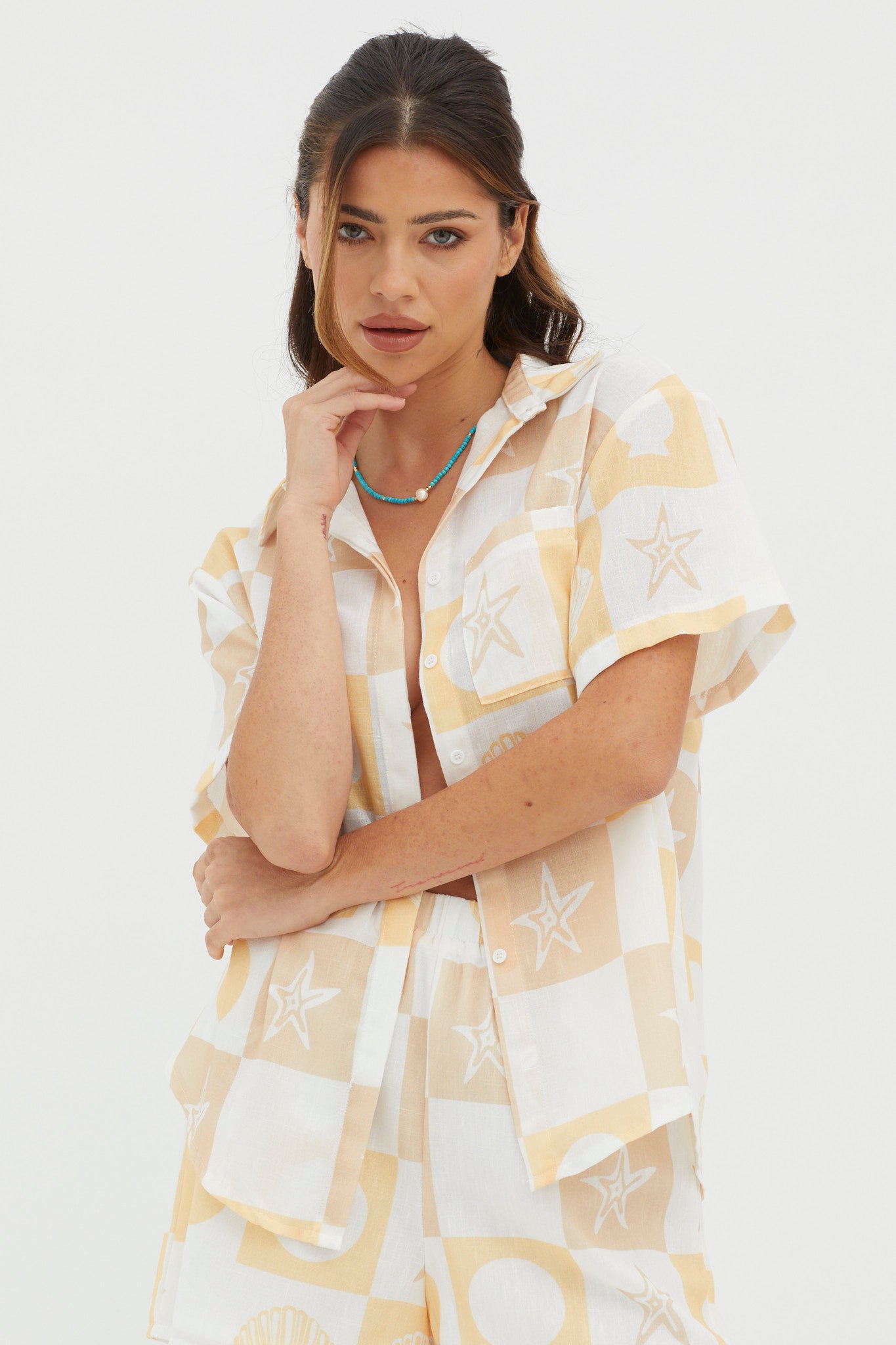 Just A Hunch Button Shirt Shell Print Yellow Multi by Selfie Leslie Australia