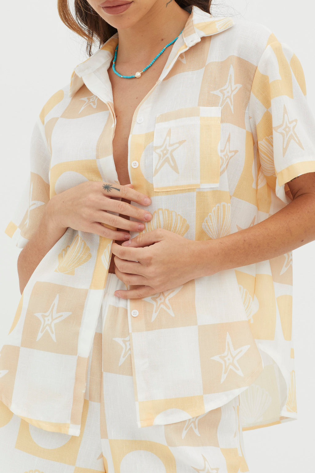 Just A Hunch Button Shirt Shell Print Yellow Multi by Selfie Leslie Australia