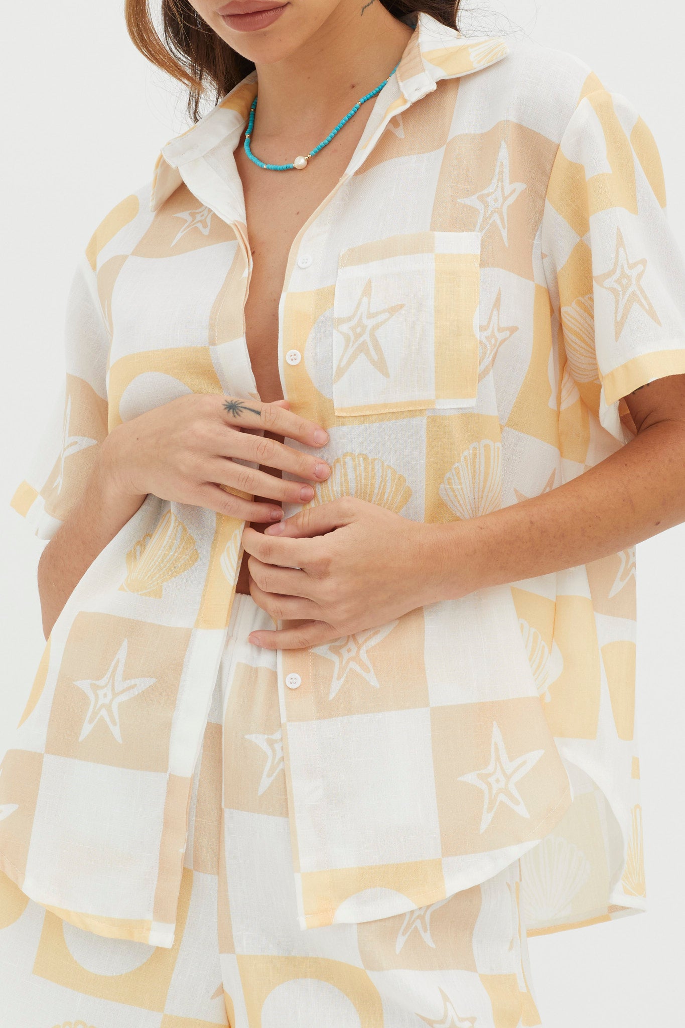 Just A Hunch Button Shirt Shell Print Yellow Multi by Selfie Leslie Australia
