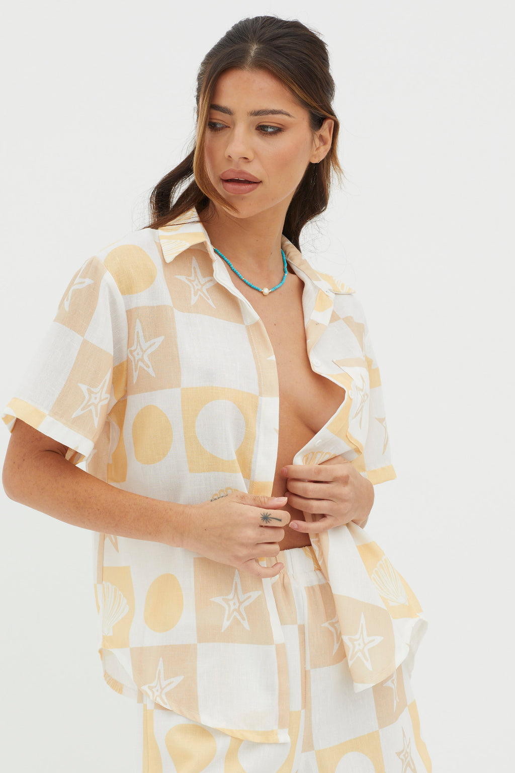 Just A Hunch Button Shirt Shell Print Yellow Multi by Selfie Leslie Australia