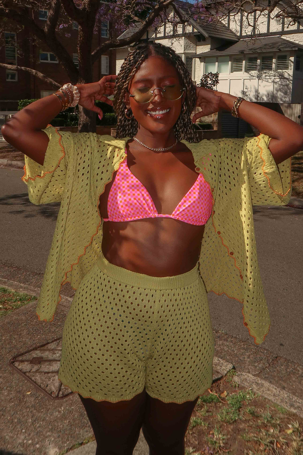 Just A Hunch Crochet Shorts Avocado/Pumpkin by Selfie Leslie Australia