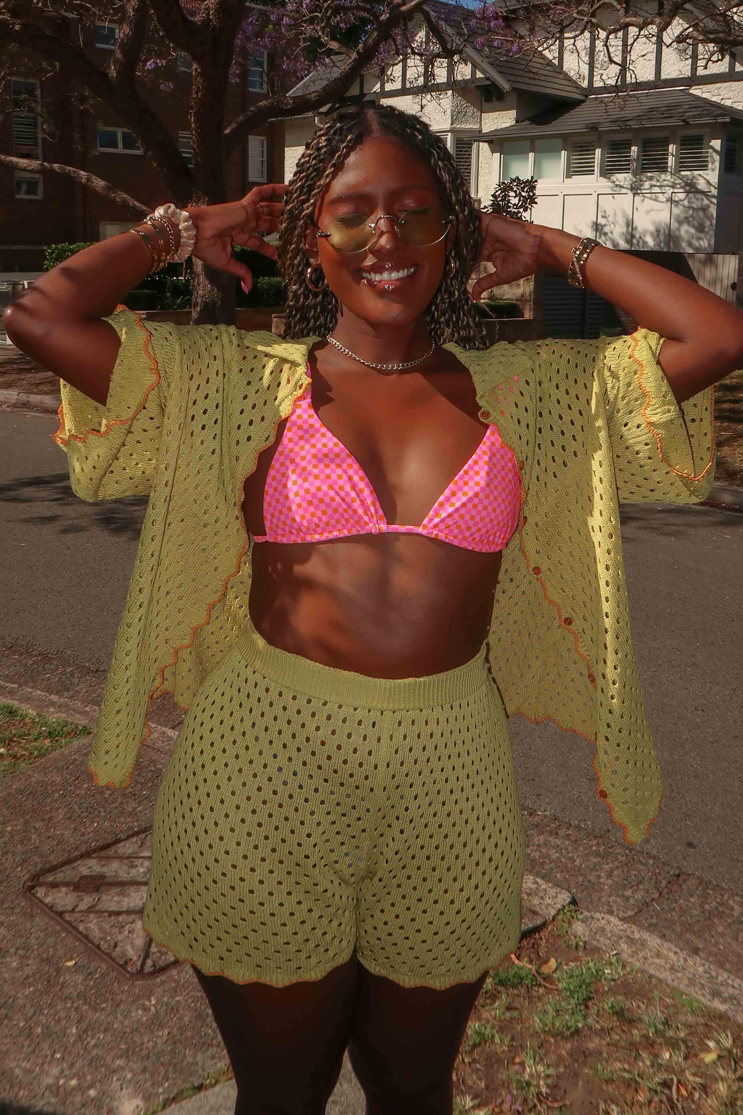 Just A Hunch Crochet Shorts Avocado/Pumpkin by Selfie Leslie Australia
