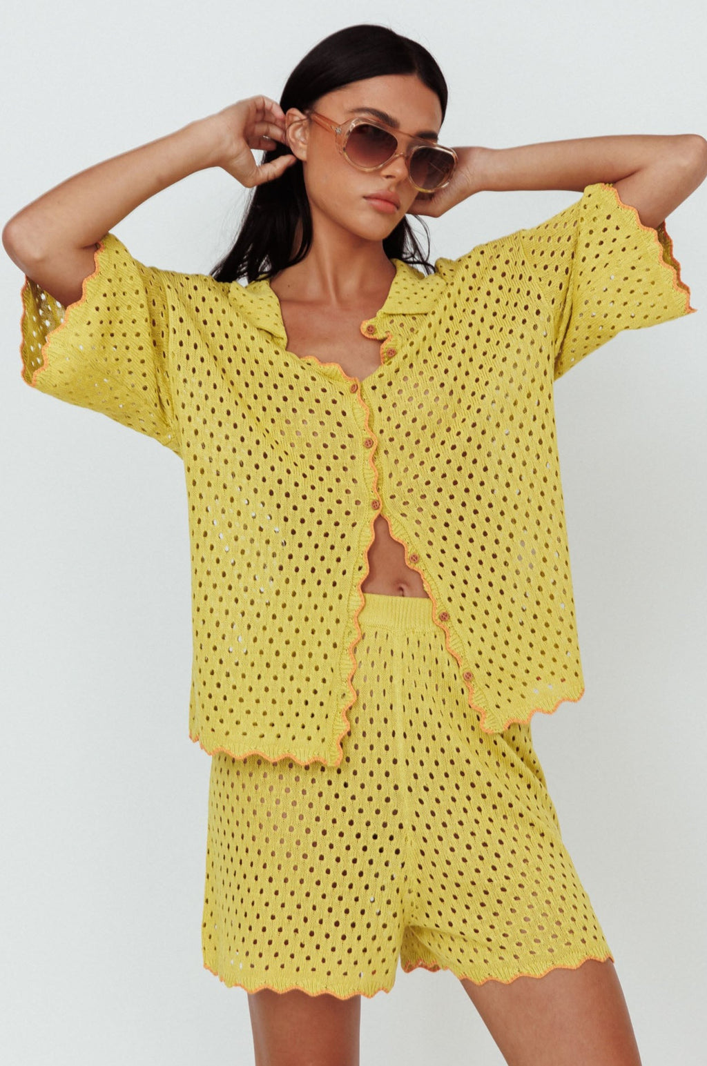 Just A Hunch Button Crochet Shirt Avocado/Pumpkin by Selfie Leslie Australia