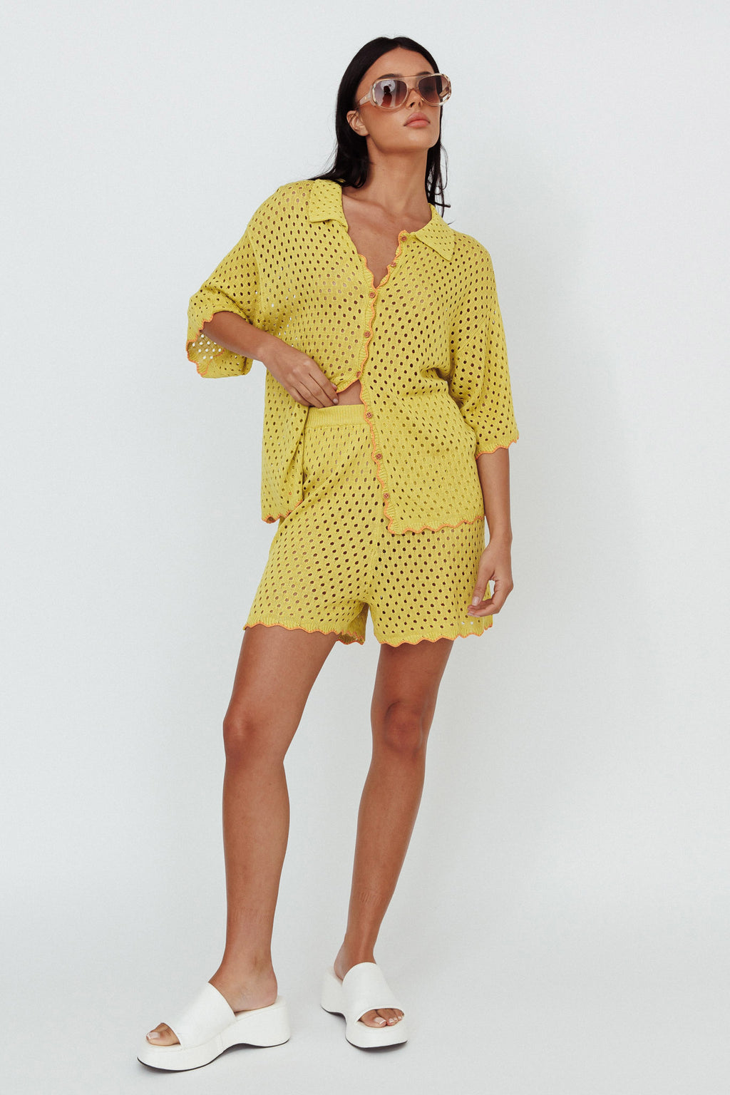 Just A Hunch Button Crochet Shirt Avocado/Pumpkin by Selfie Leslie Australia
