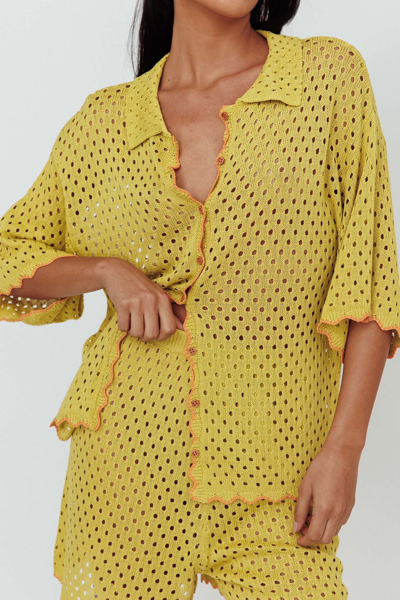 Just A Hunch Button Crochet Shirt Avocado/Pumpkin by Selfie Leslie Australia