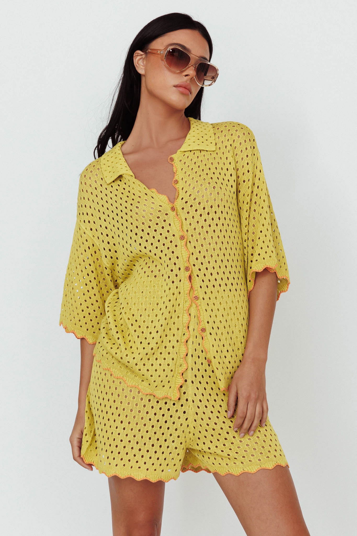 Just A Hunch Button Crochet Shirt Avocado/Pumpkin by Selfie Leslie Australia