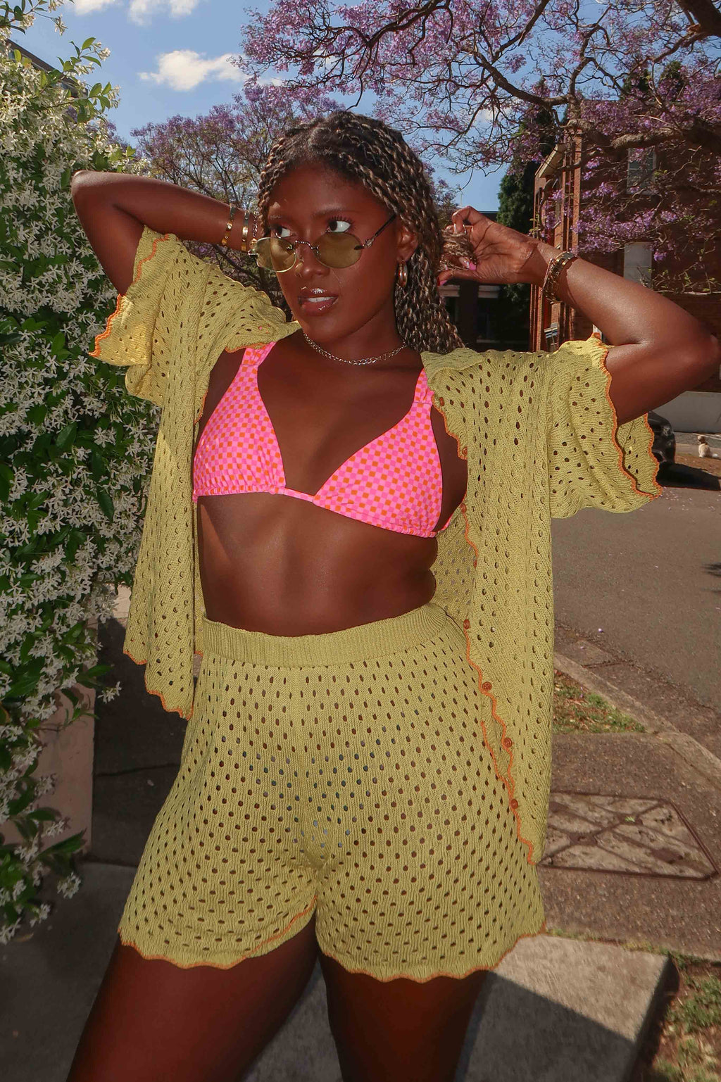 Just A Hunch Button Crochet Shirt Avocado/Pumpkin by Selfie Leslie Australia