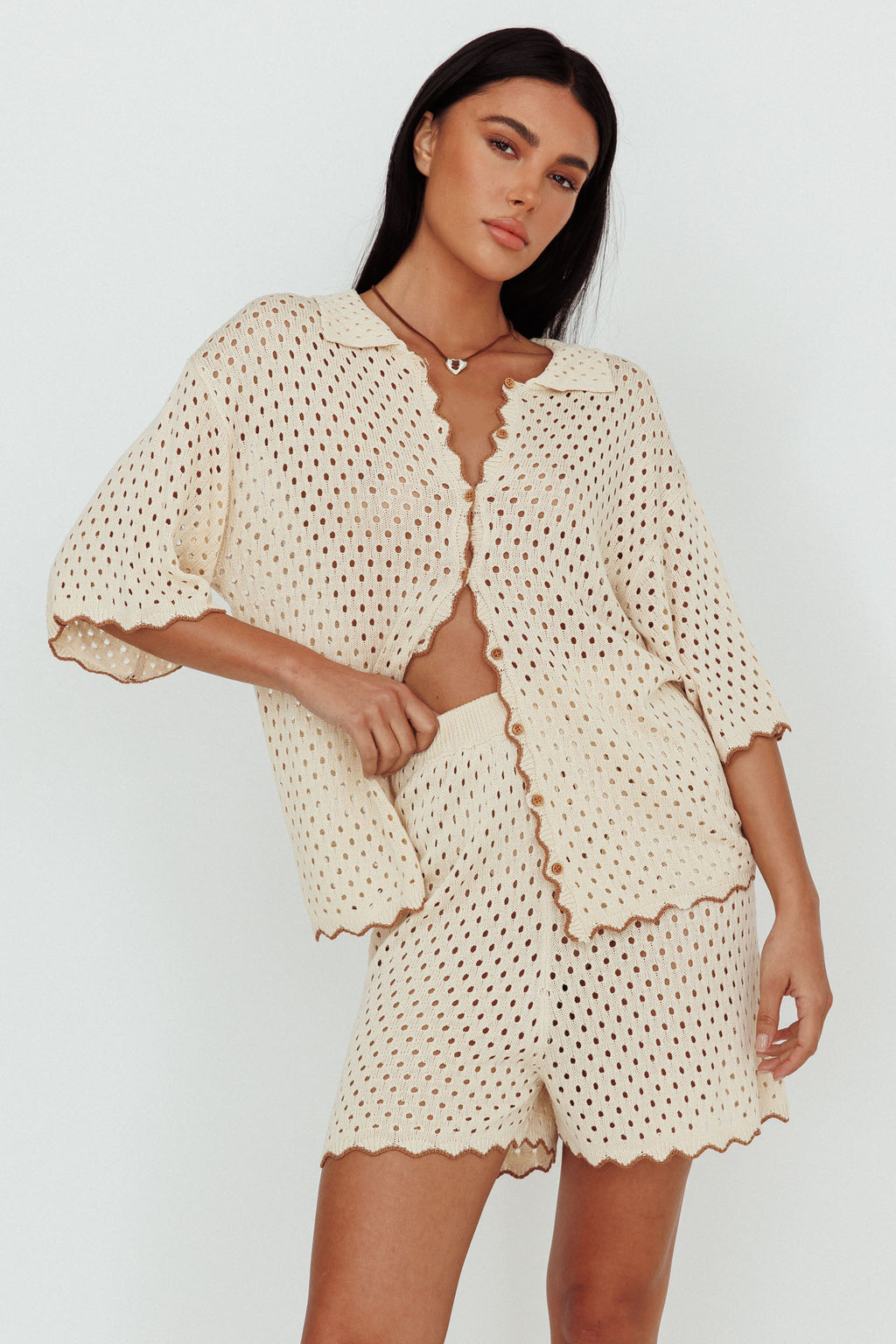 Just A Hunch Button Crochet Shirt Nutmeg/Shell by Selfie Leslie Australia