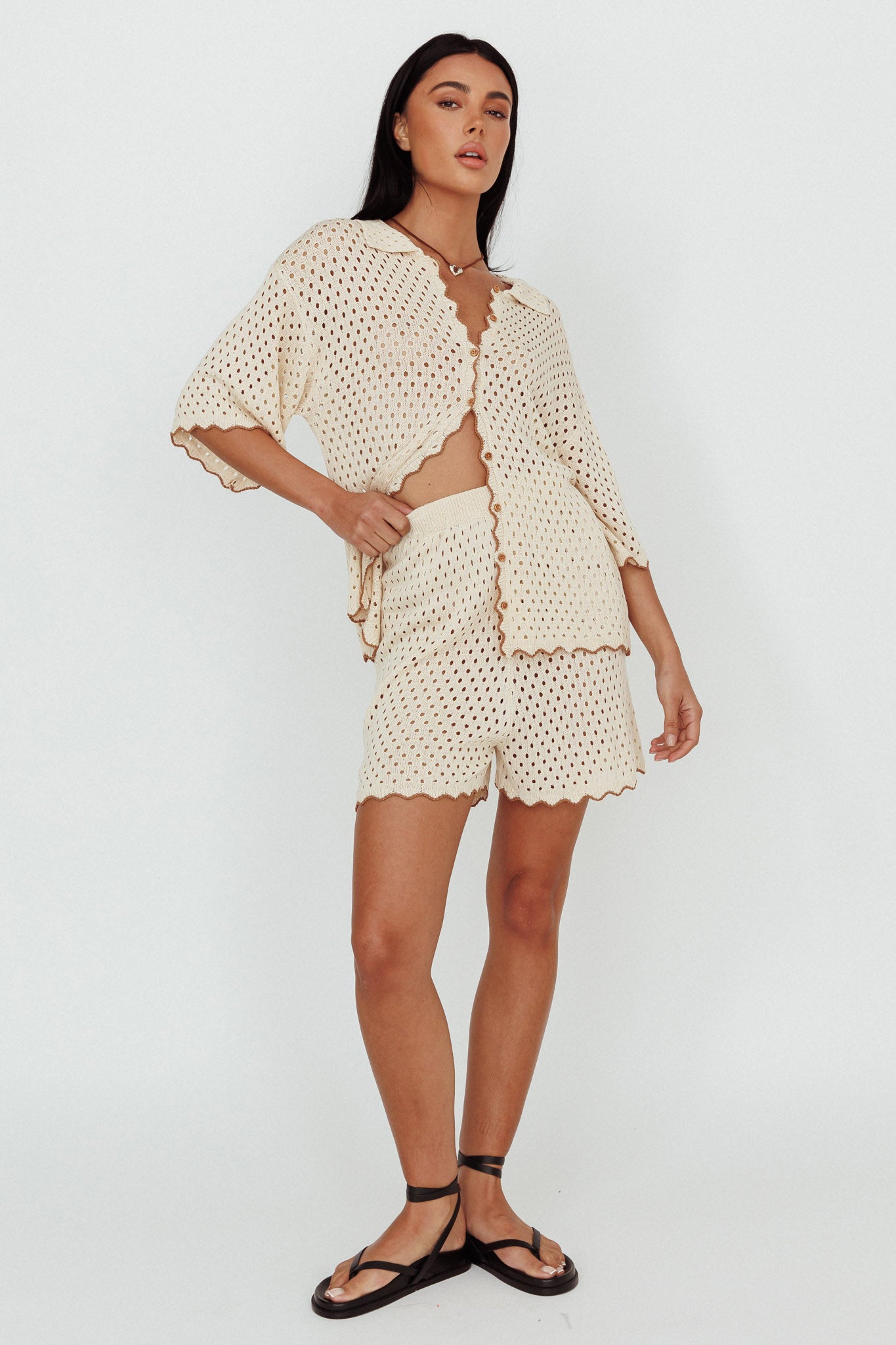Just A Hunch Button Crochet Shirt Nutmeg/Shell by Selfie Leslie Australia