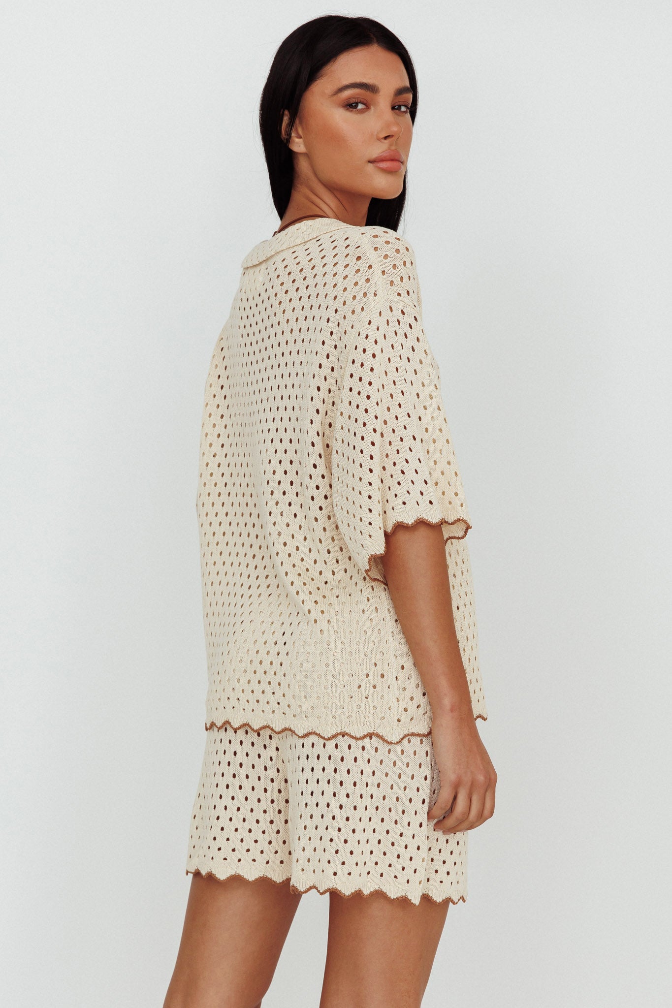Just A Hunch Button Crochet Shirt Nutmeg/Shell by Selfie Leslie Australia