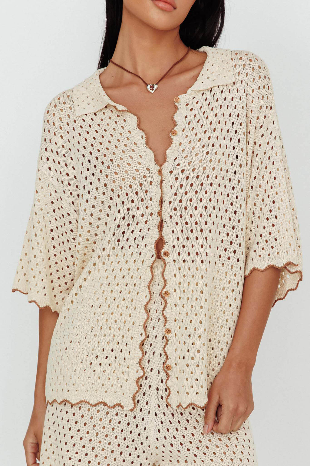 Just A Hunch Button Crochet Shirt Nutmeg/Shell by Selfie Leslie Australia