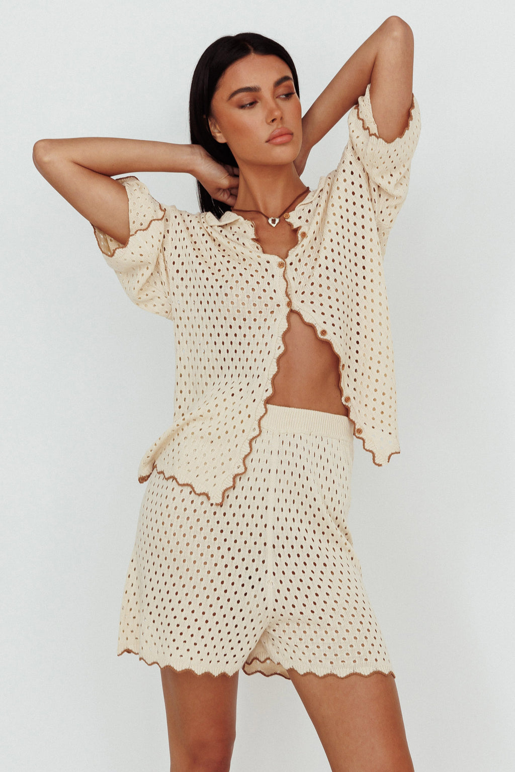 Just A Hunch Button Crochet Shirt Nutmeg/Shell by Selfie Leslie Australia