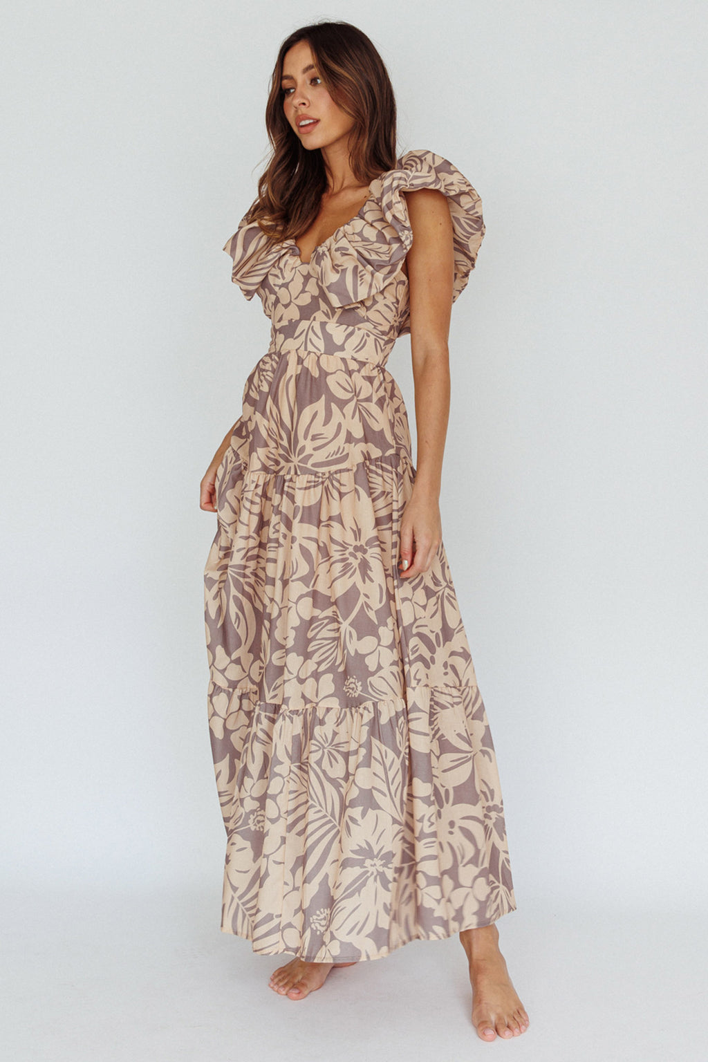 Kahlo Puffed Ruffle Neckline Maxi Dress Print Beige by Selfie Leslie Australia