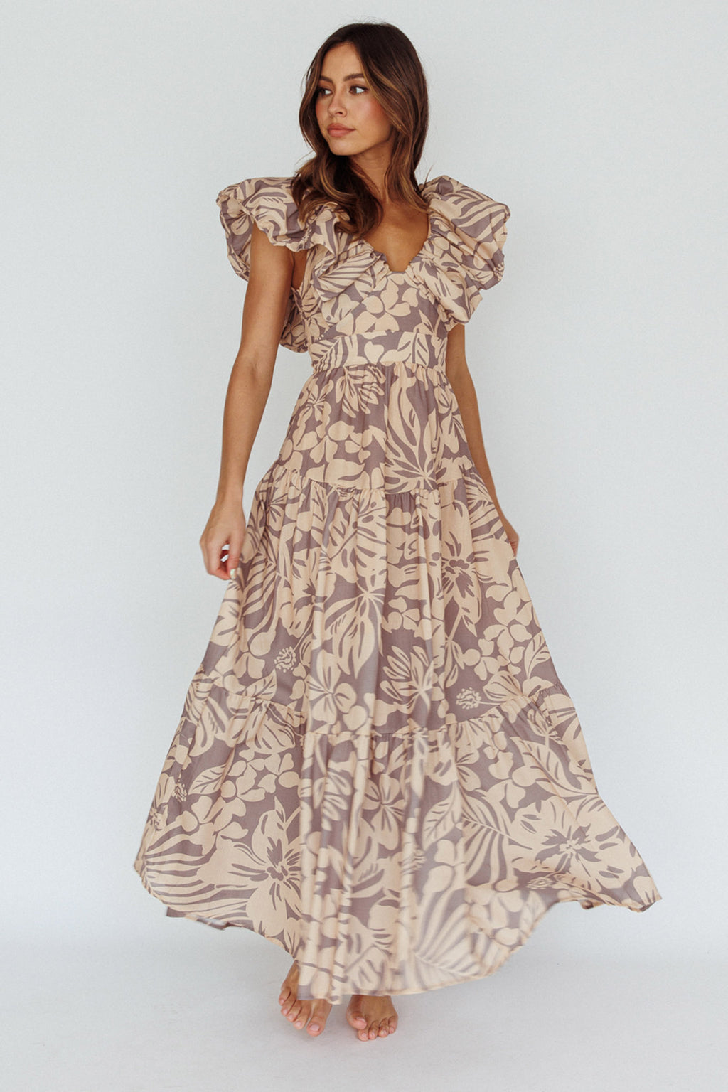 Kahlo Puffed Ruffle Neckline Maxi Dress Print Beige by Selfie Leslie Australia