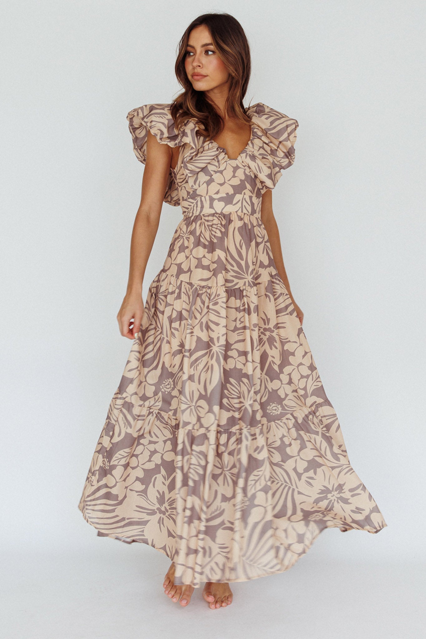 Kahlo Puffed Ruffle Neckline Maxi Dress Print Beige by Selfie Leslie Australia