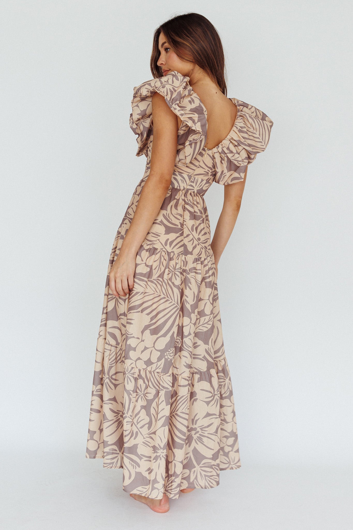 Kahlo Puffed Ruffle Neckline Maxi Dress Print Beige by Selfie Leslie Australia