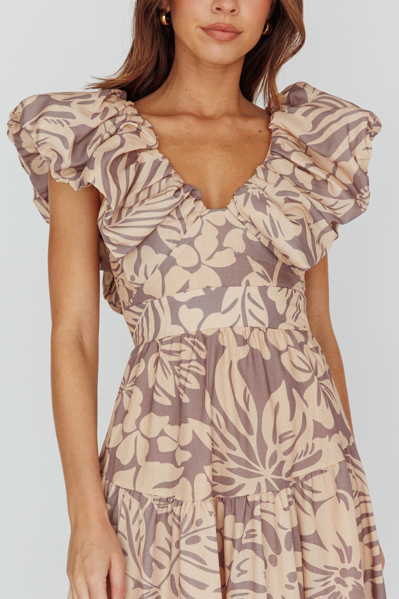 Kahlo Puffed Ruffle Neckline Maxi Dress Print Beige by Selfie Leslie Australia