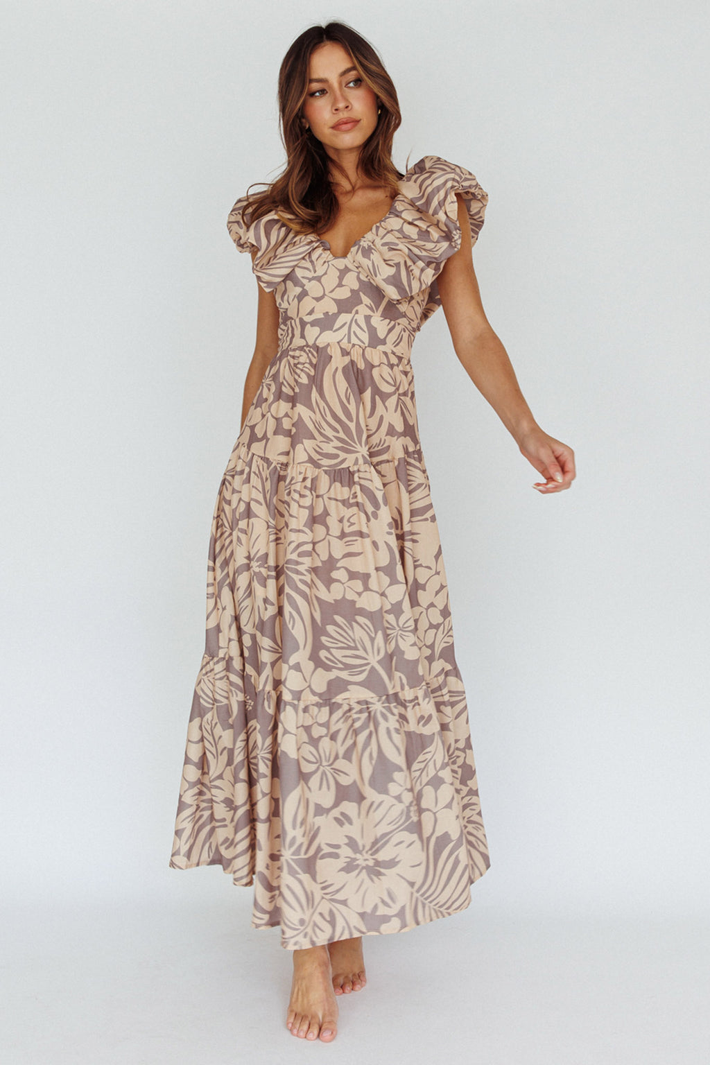 Kahlo Puffed Ruffle Neckline Maxi Dress Print Beige by Selfie Leslie Australia
