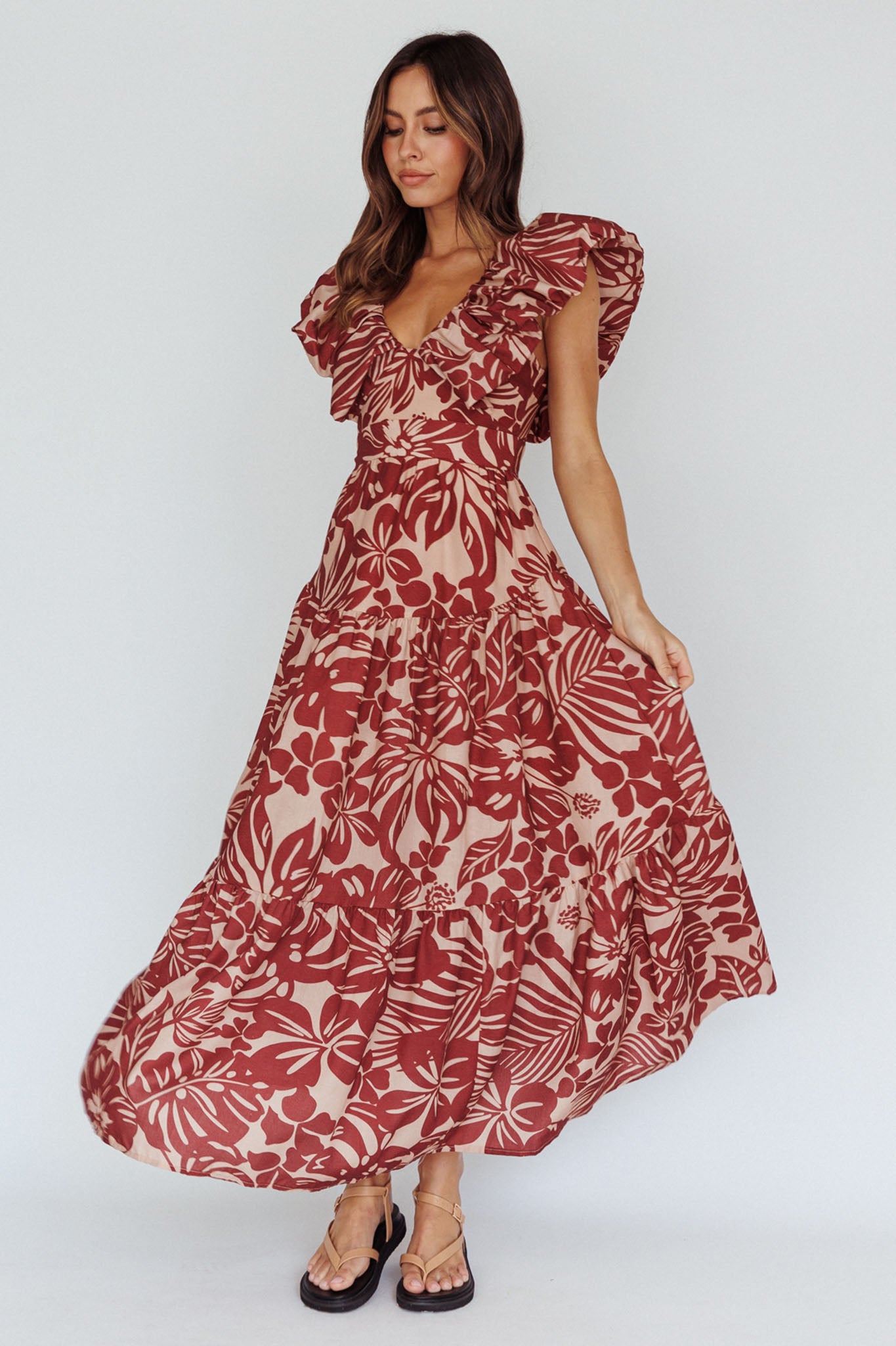 Kahlo Puffed Ruffle Neckline Maxi Dress Print Flame by Selfie Leslie Australia