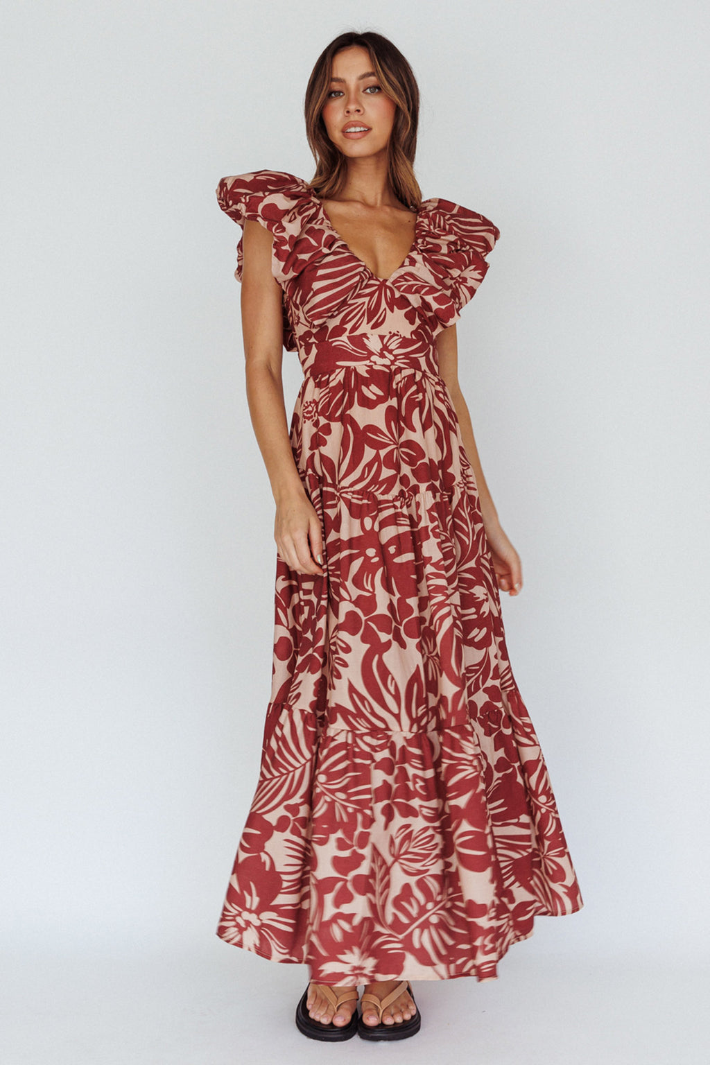Kahlo Puffed Ruffle Neckline Maxi Dress Print Flame by Selfie Leslie Australia