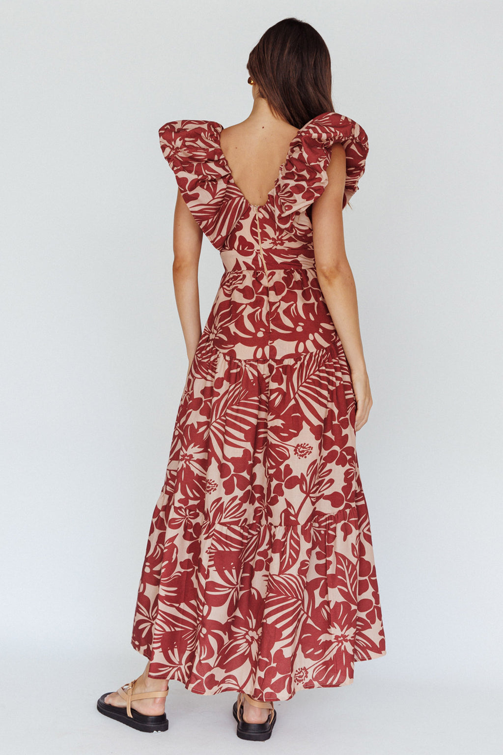 Kahlo Puffed Ruffle Neckline Maxi Dress Print Flame by Selfie Leslie Australia