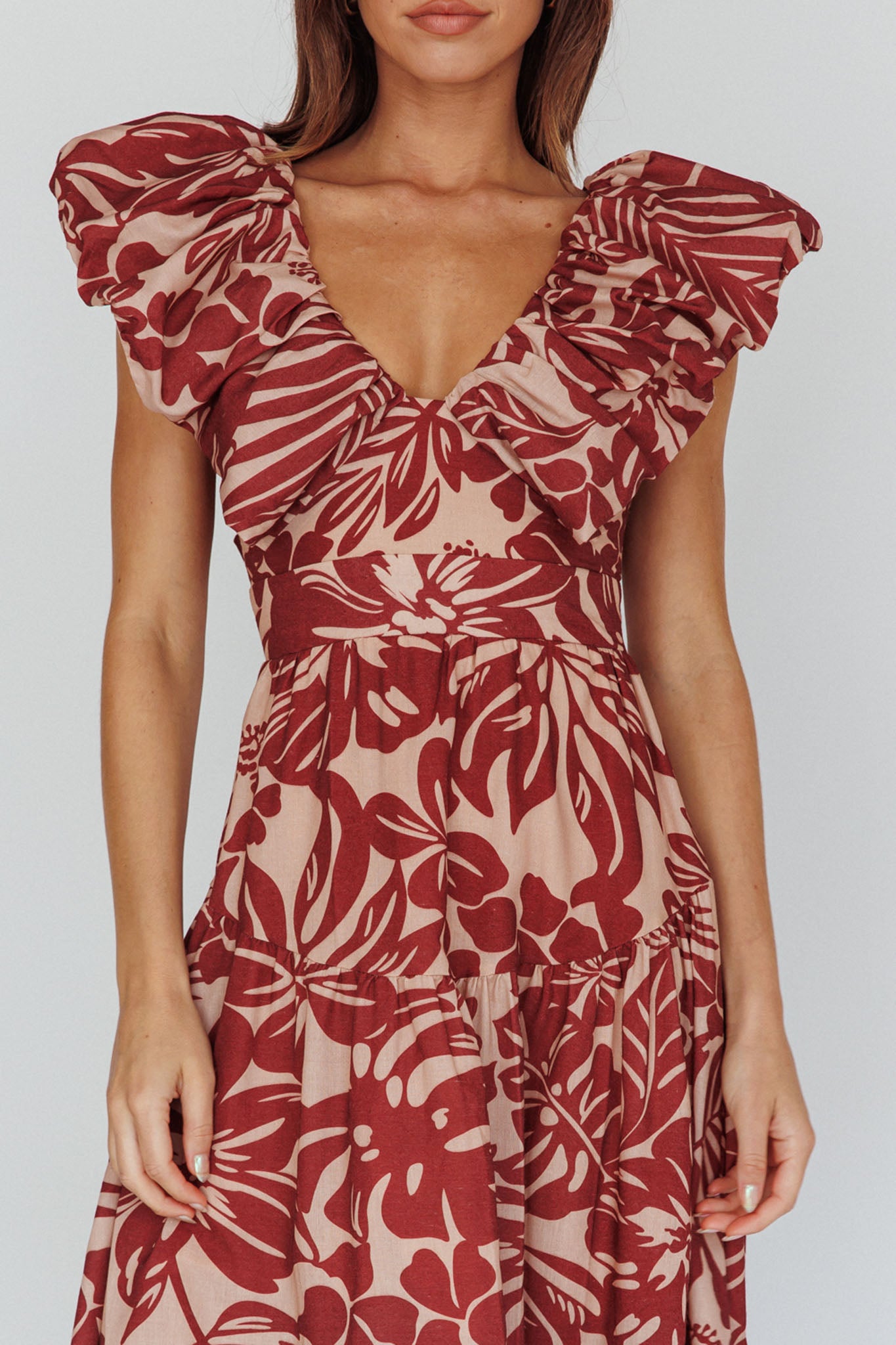 Kahlo Puffed Ruffle Neckline Maxi Dress Print Flame by Selfie Leslie Australia