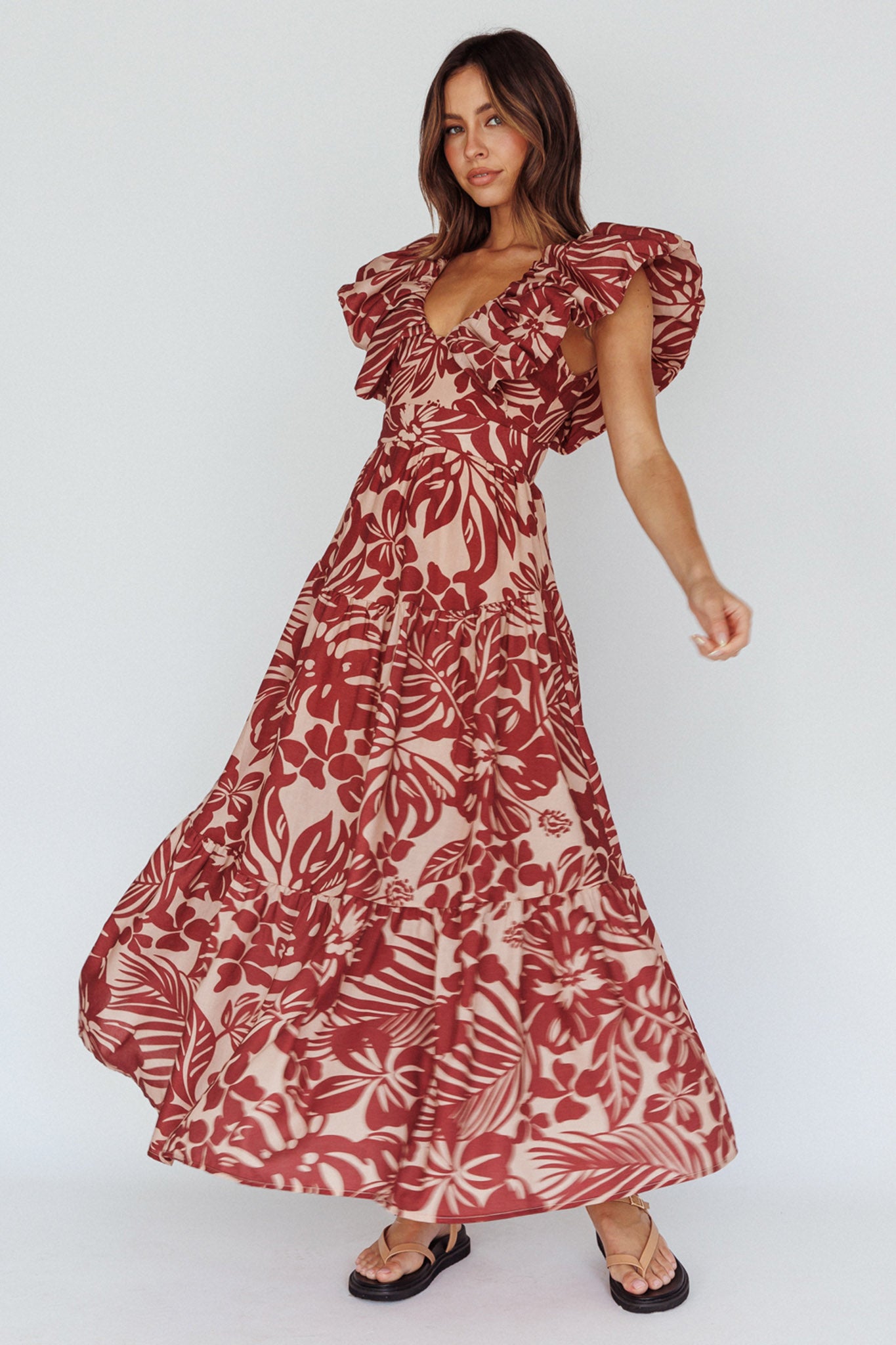 Kahlo Puffed Ruffle Neckline Maxi Dress Print Flame by Selfie Leslie Australia