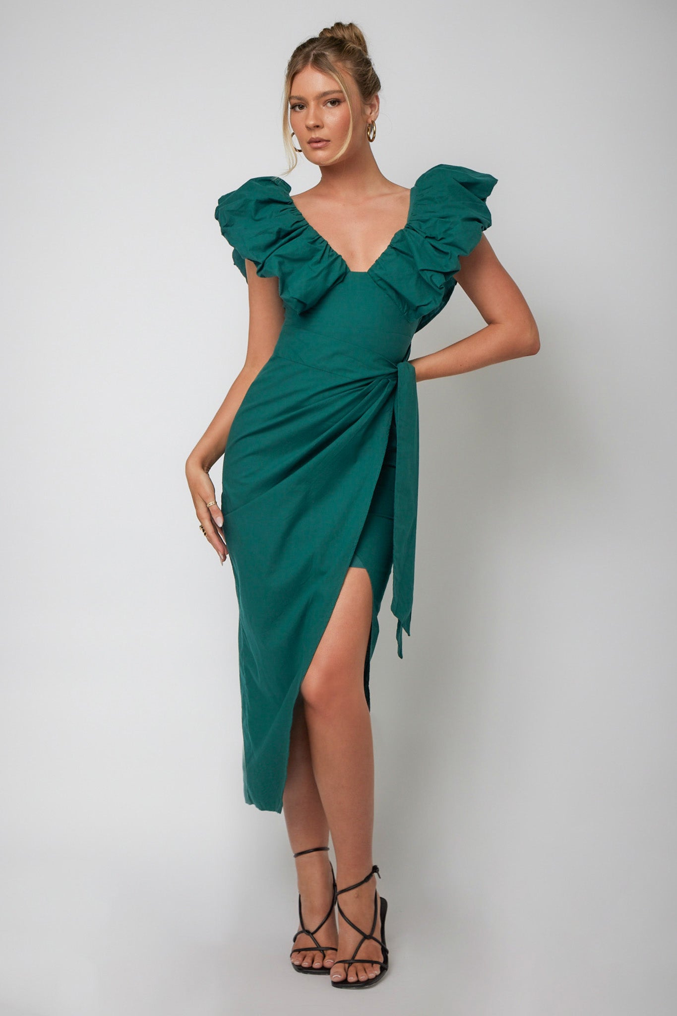 Kahlo Ruffle Neckline Wrap Midi Dress Green by Selfie Leslie Australia