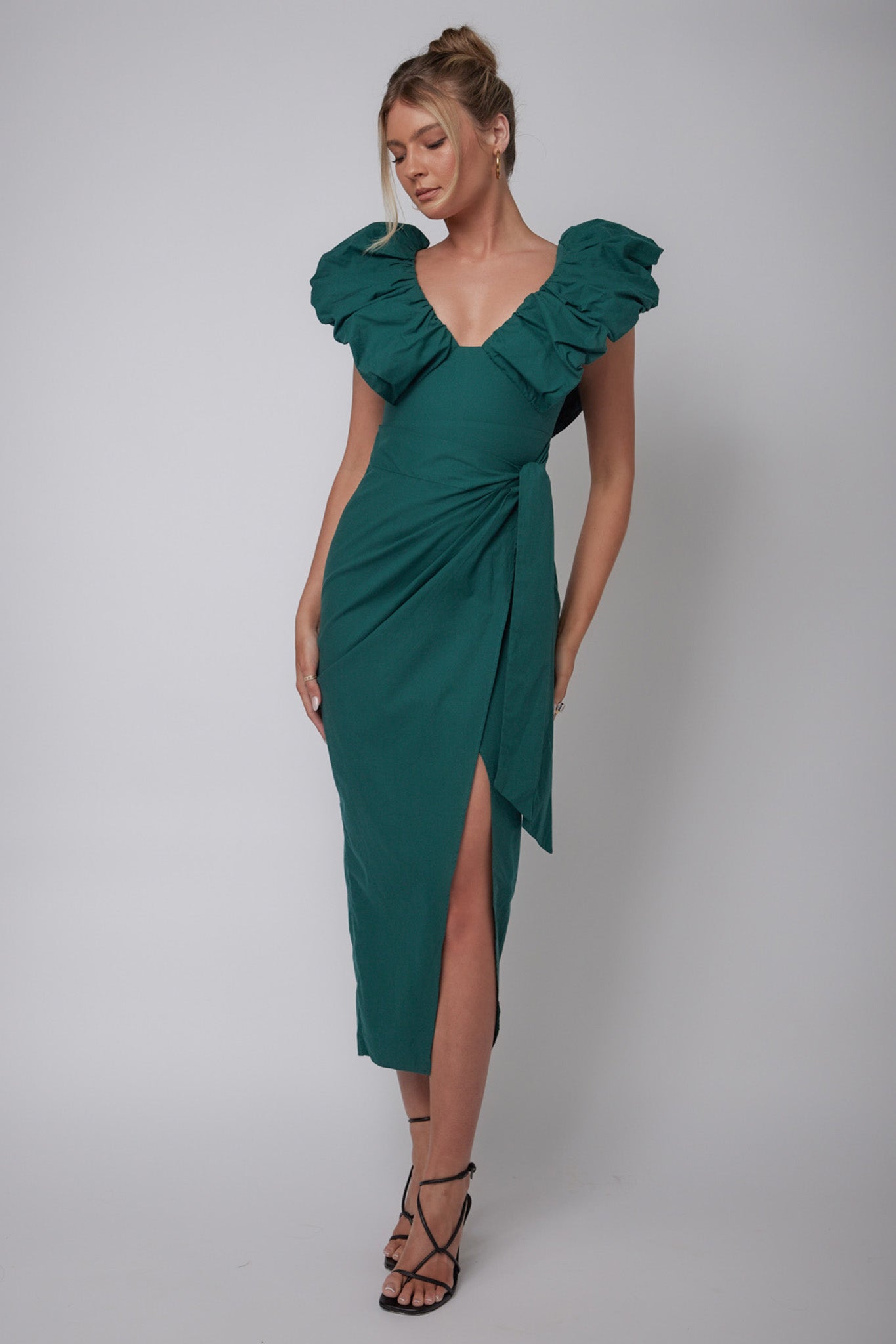 Kahlo Ruffle Neckline Wrap Midi Dress Green by Selfie Leslie Australia